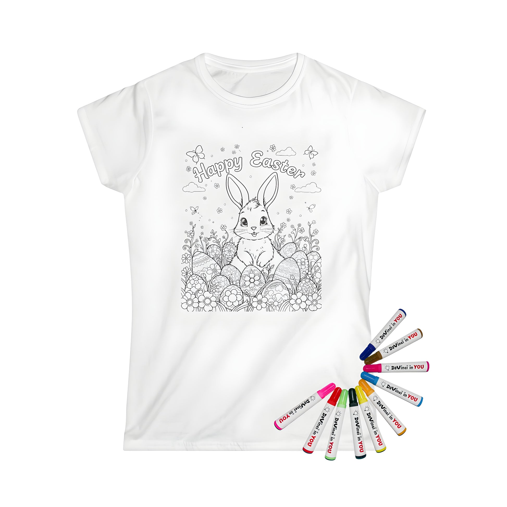 Women's t-shirt with adorable Easter bunny design, colorful decorated eggs and flowers in garden, butterflies flying around, Happy Easter text above, perfect for spring and Easter season