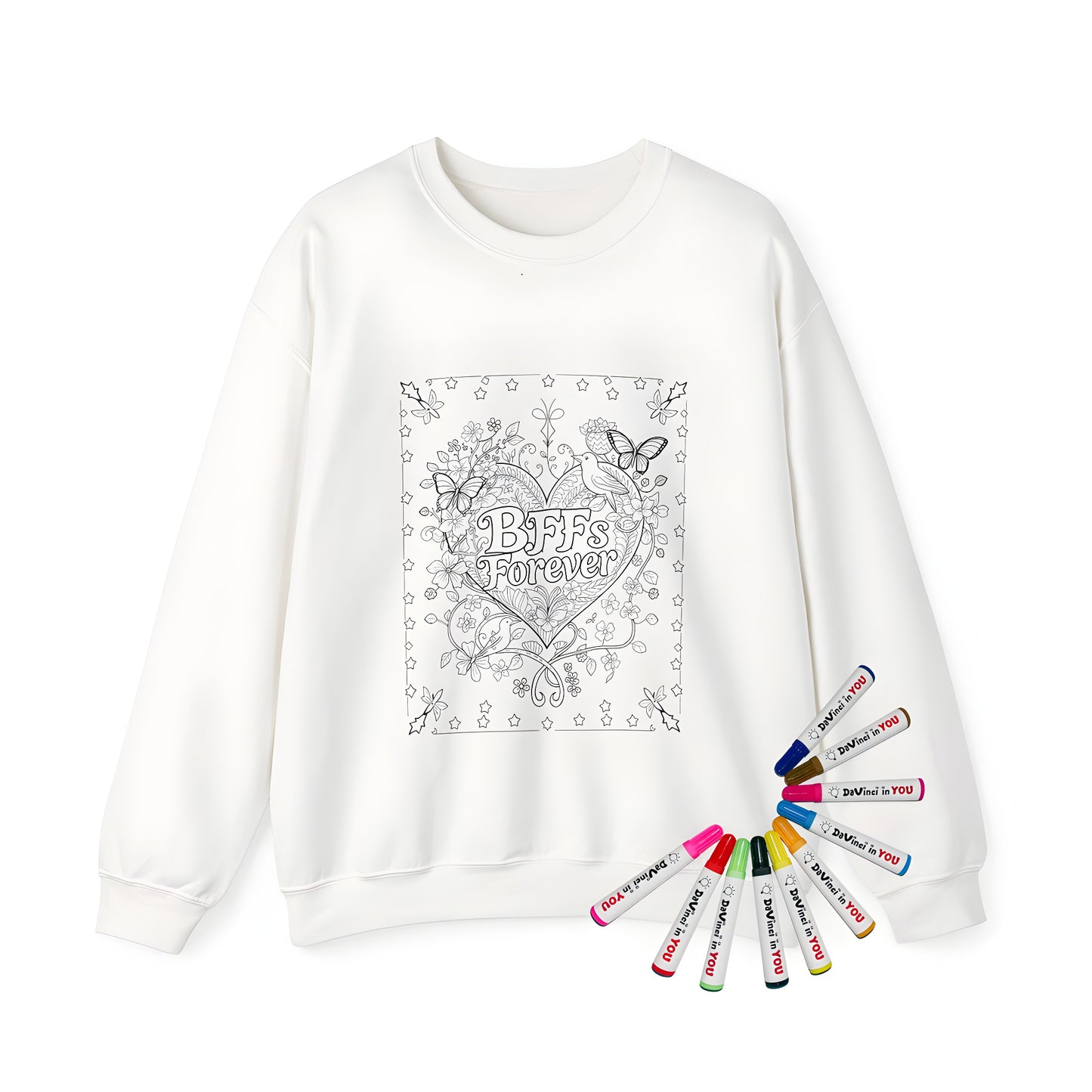 Adult sweatshirt featuring intricate floral and butterfly designs surrounding 'BFFs Forever' inside a heart, symbolizing friendship