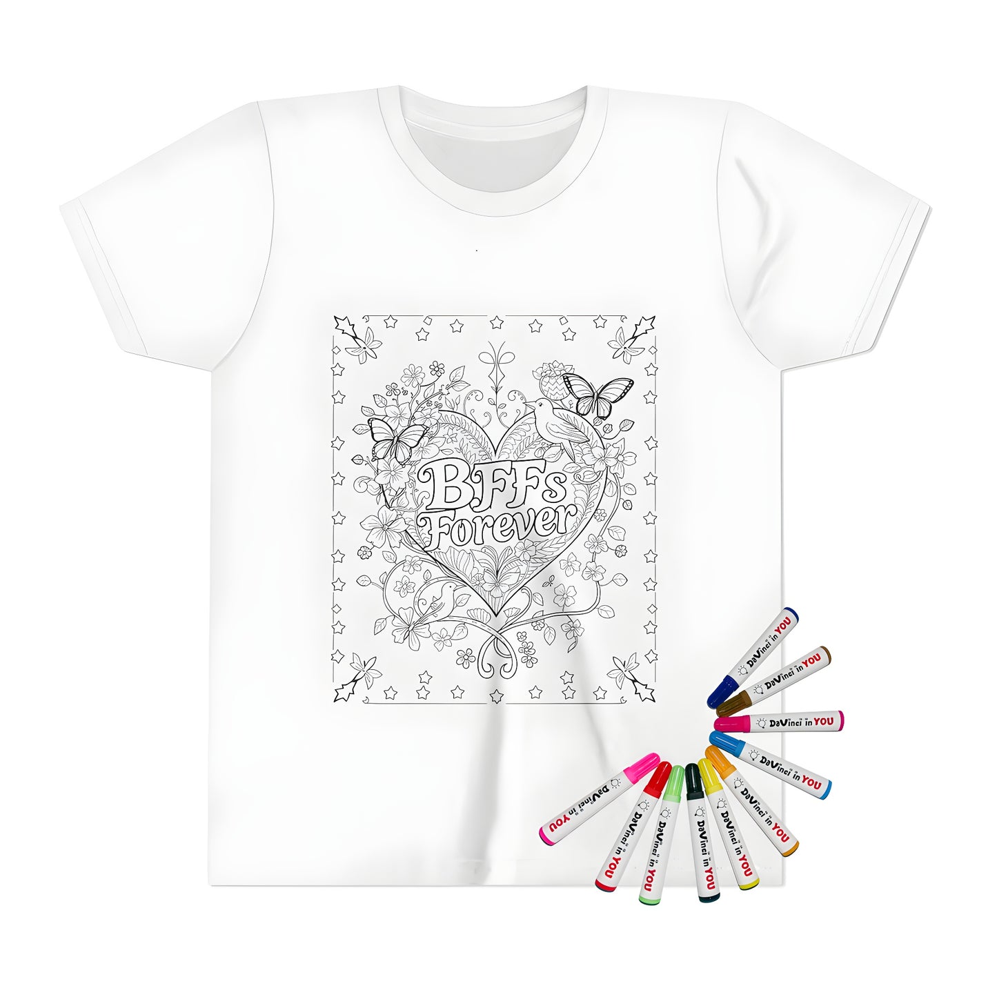 Kid's T-shirt with BFFs design featuring intricate floral and butterfly patterns surrounding 'Besties Forever' phrase inside heart
