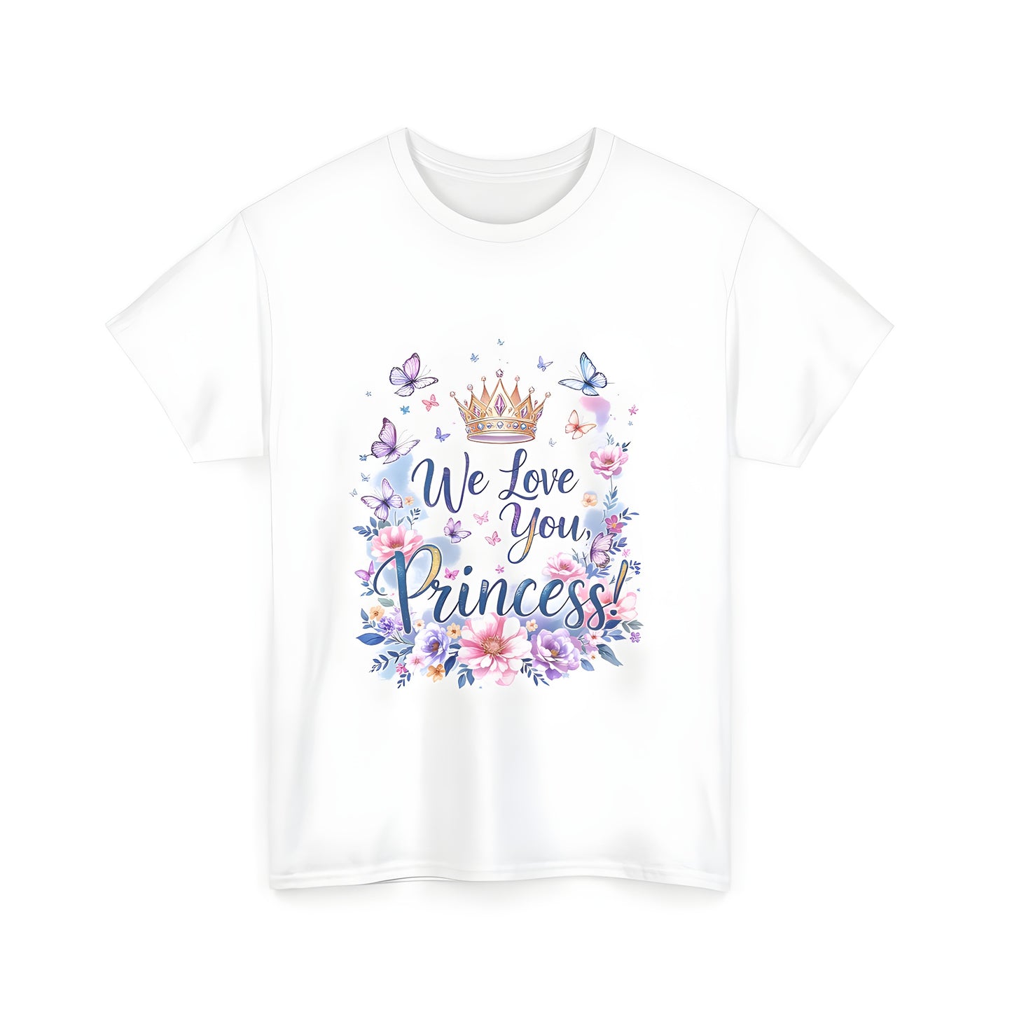 Colorful graphic t-shirt with crown, butterflies, and flowers design
