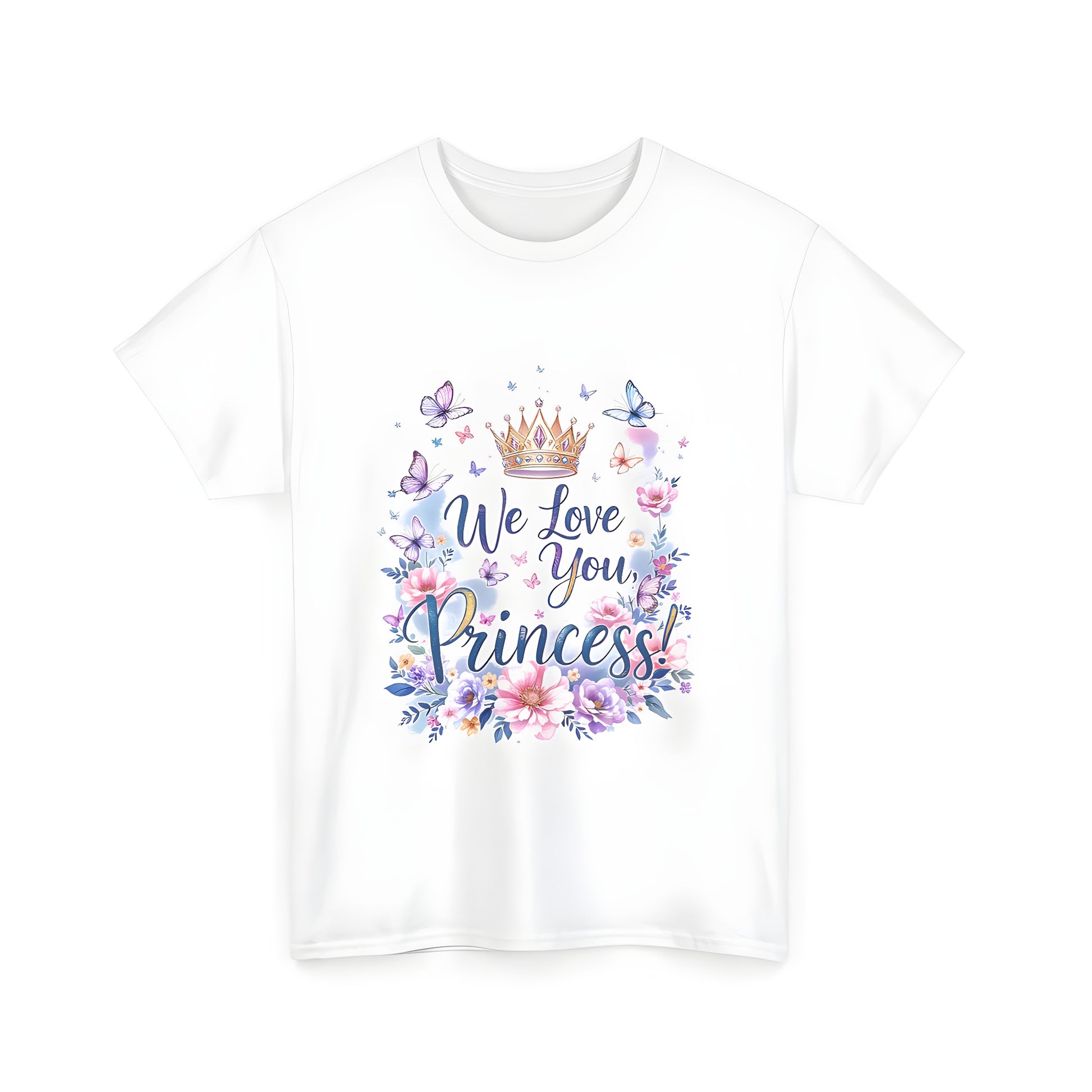 Colorful graphic t-shirt with crown, butterflies, and flowers design