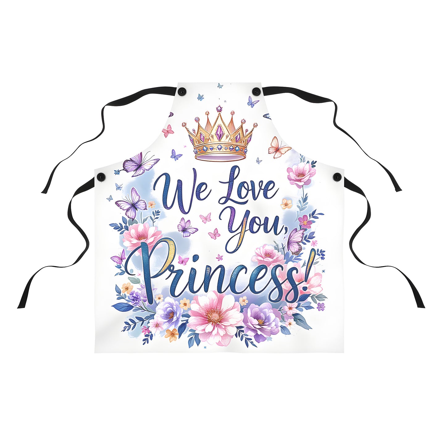 Colorful graphic apron with royal celebration theme featuring crown, butterflies, and flowers