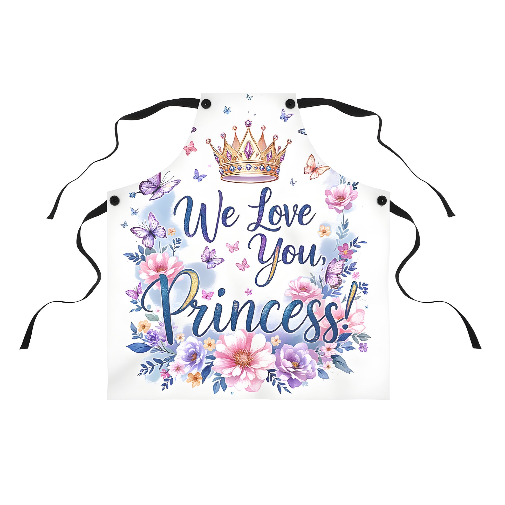 Colorful graphic apron with royal celebration theme featuring crown, butterflies, and flowers