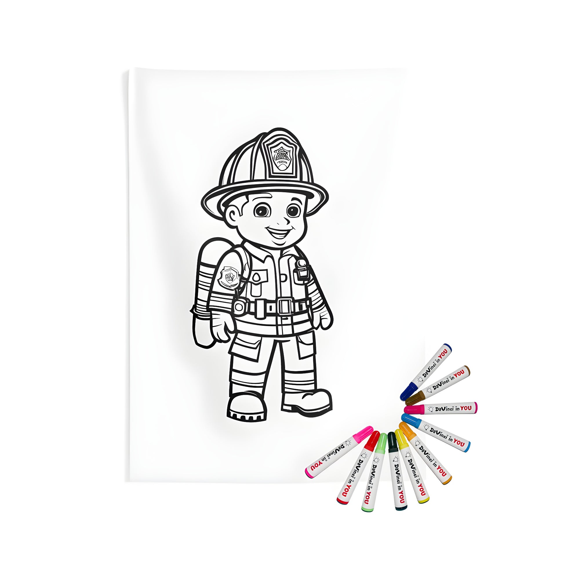 Playful firefighter costume coloring page on indoor wall tapestry