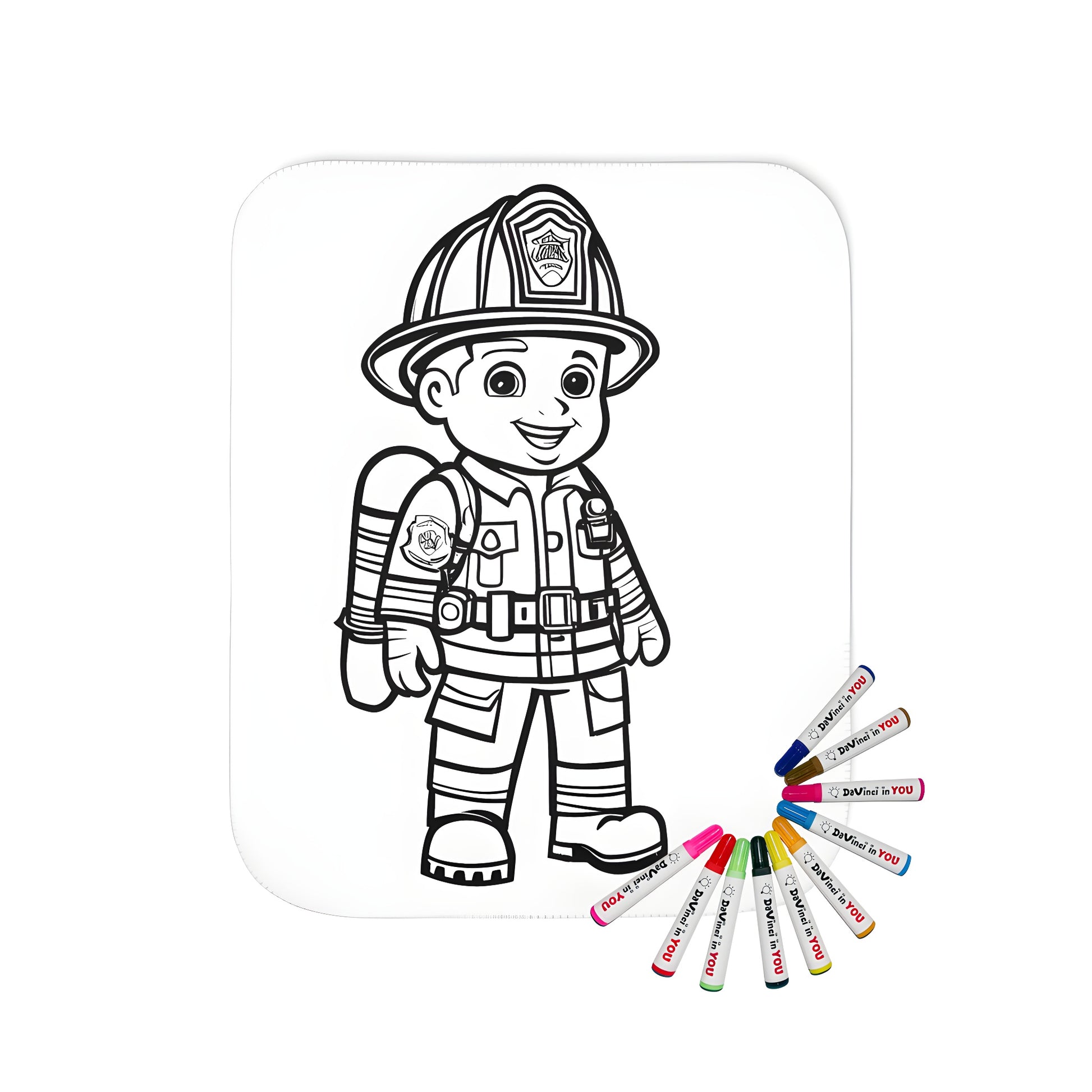 Colorful blanket with firefighter design featuring young child as hero