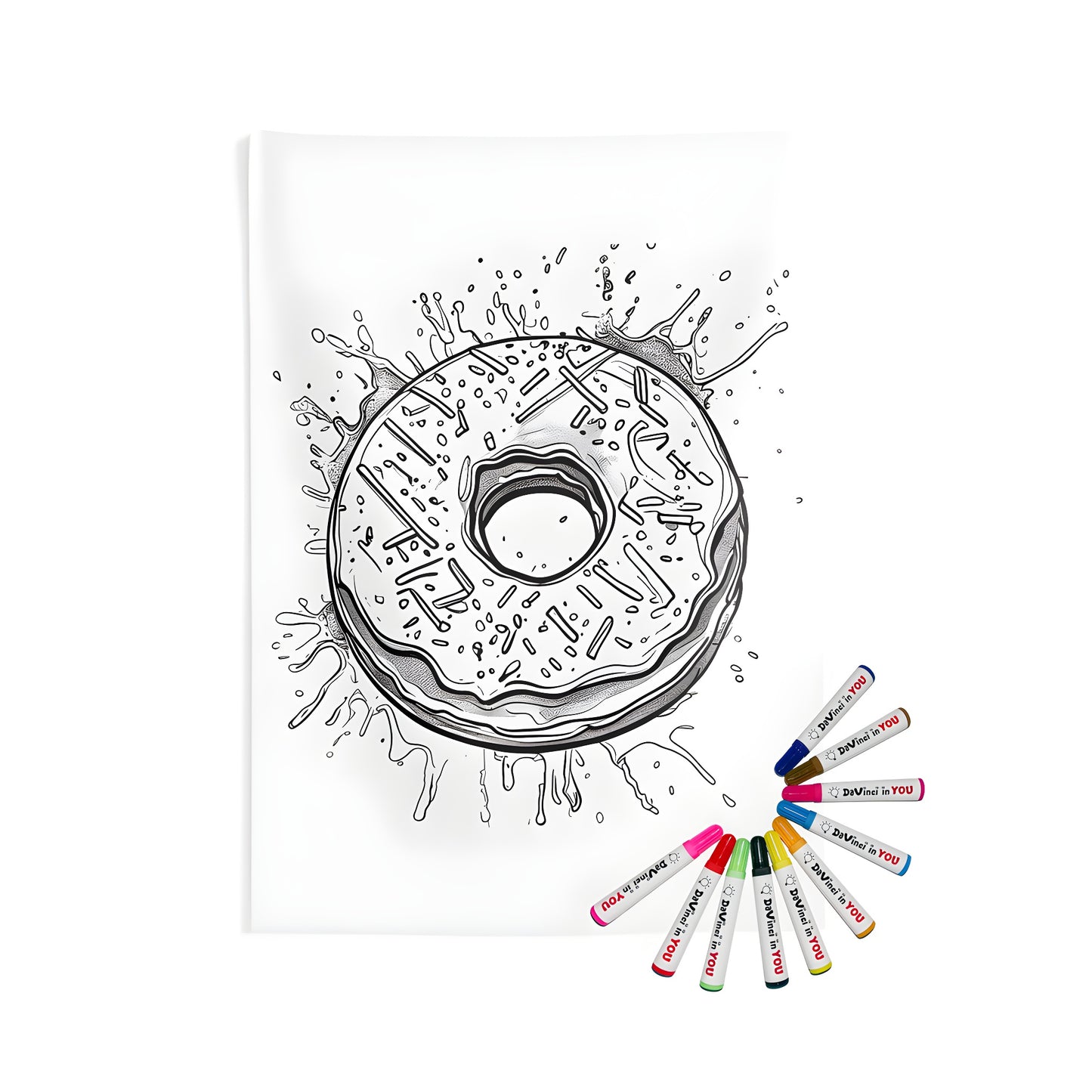 Indoor wall tapestry featuring a colorful donut illustration with sprinkles, surrounded by vibrant splash patterns