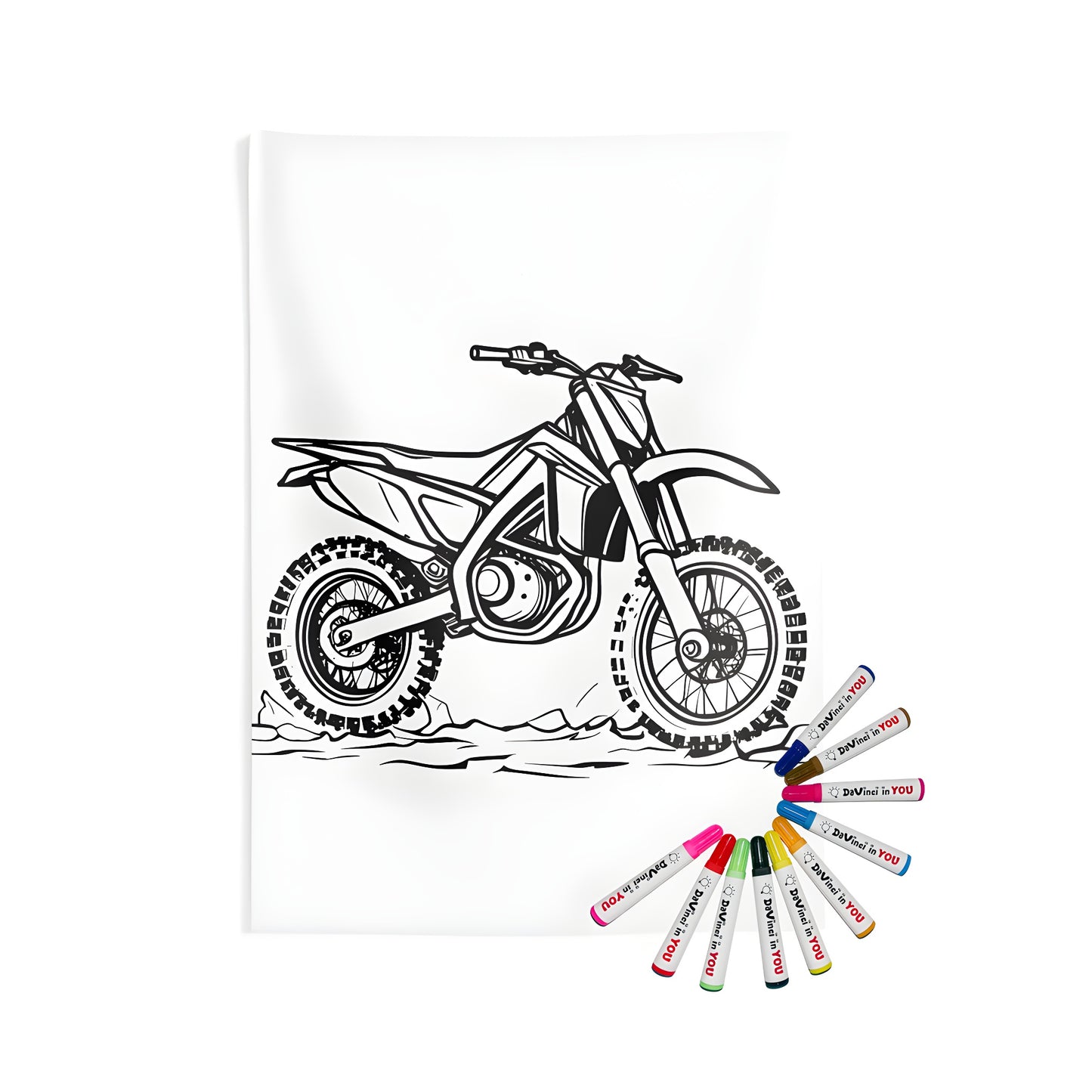 Indoor wall tapestries and coloring kit featuring a detailed line drawing of a motorcycle on rugged terrain.