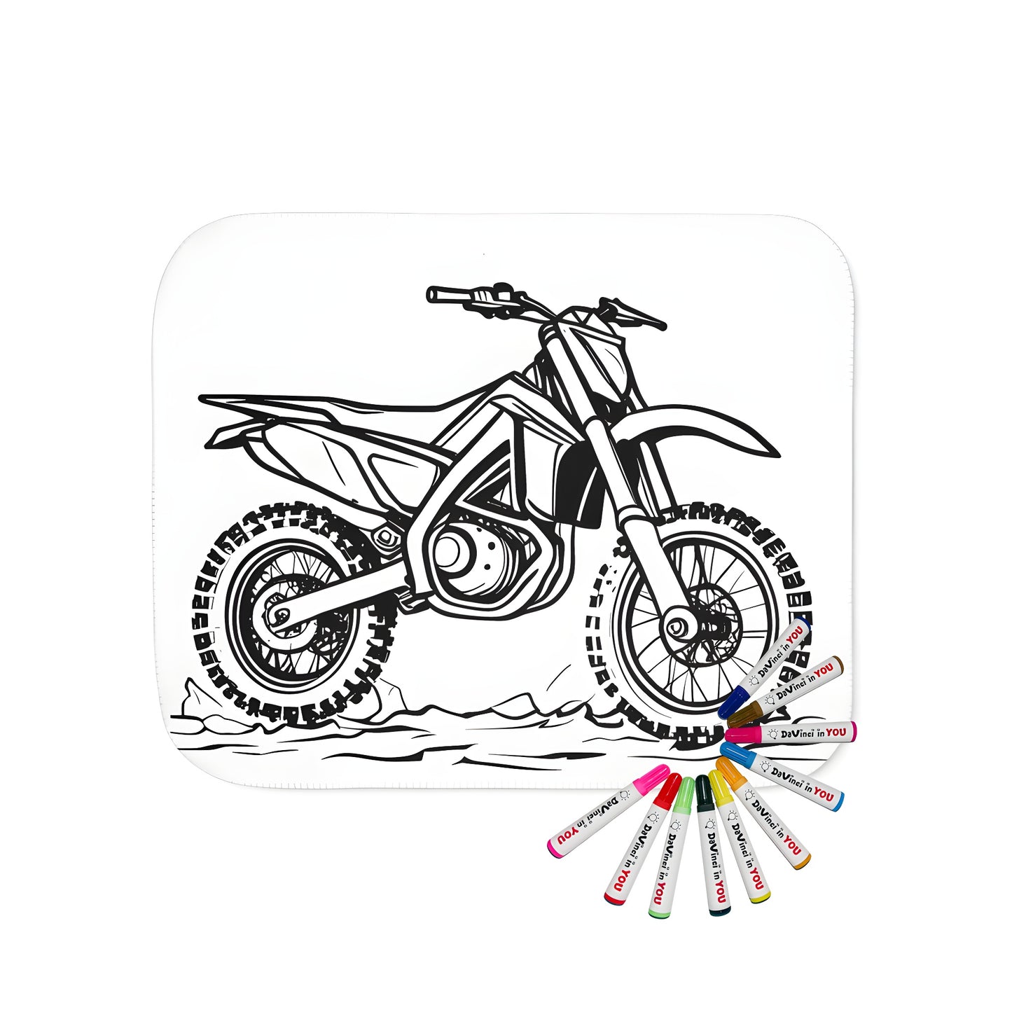 Cozy blanket featuring a vibrant detailed line drawing of a motorcycle or motorbike on a rugged terrain, perfect for adult coloring and relaxation.
