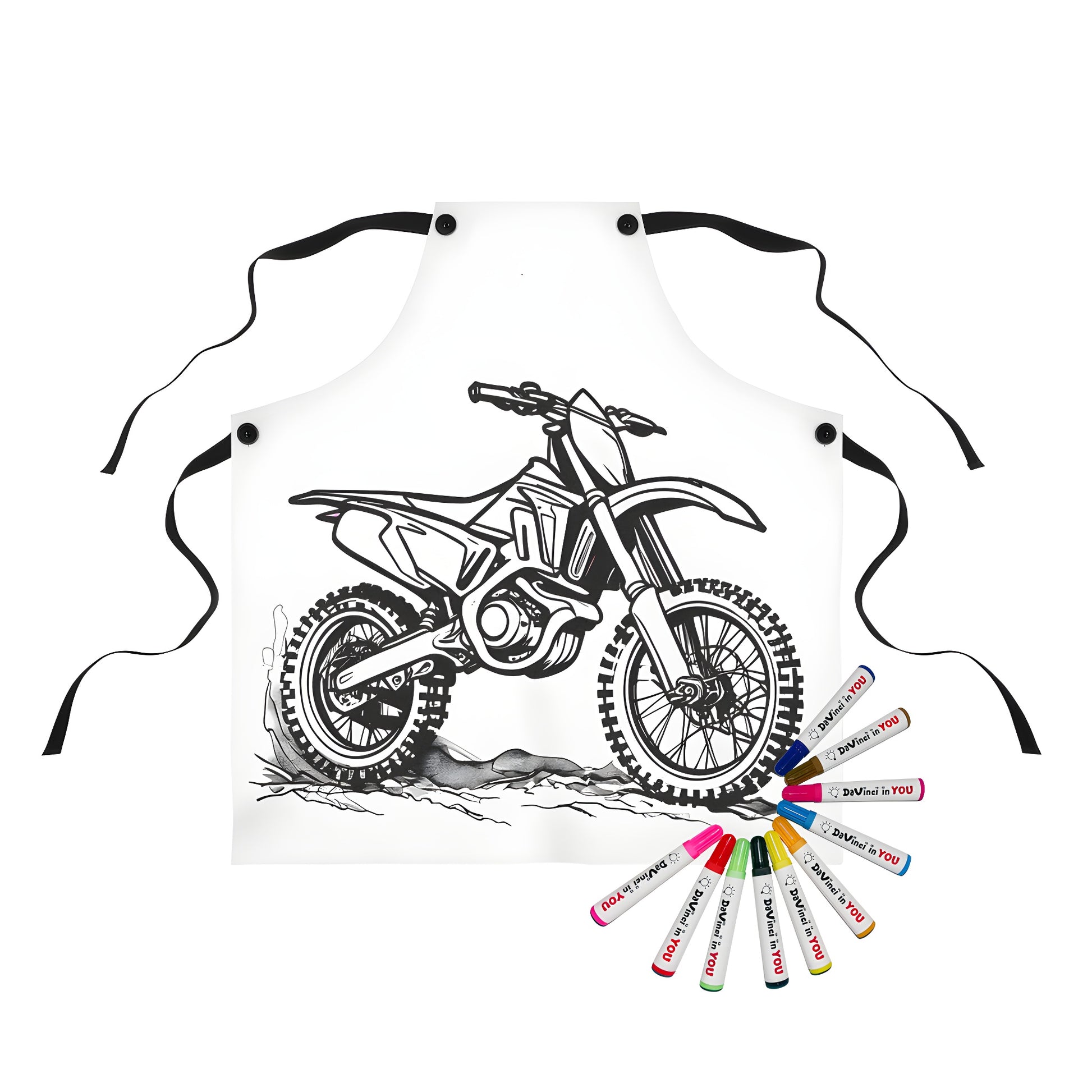 Colorful apron featuring a vibrant dirt bike illustration with wheels and frame details