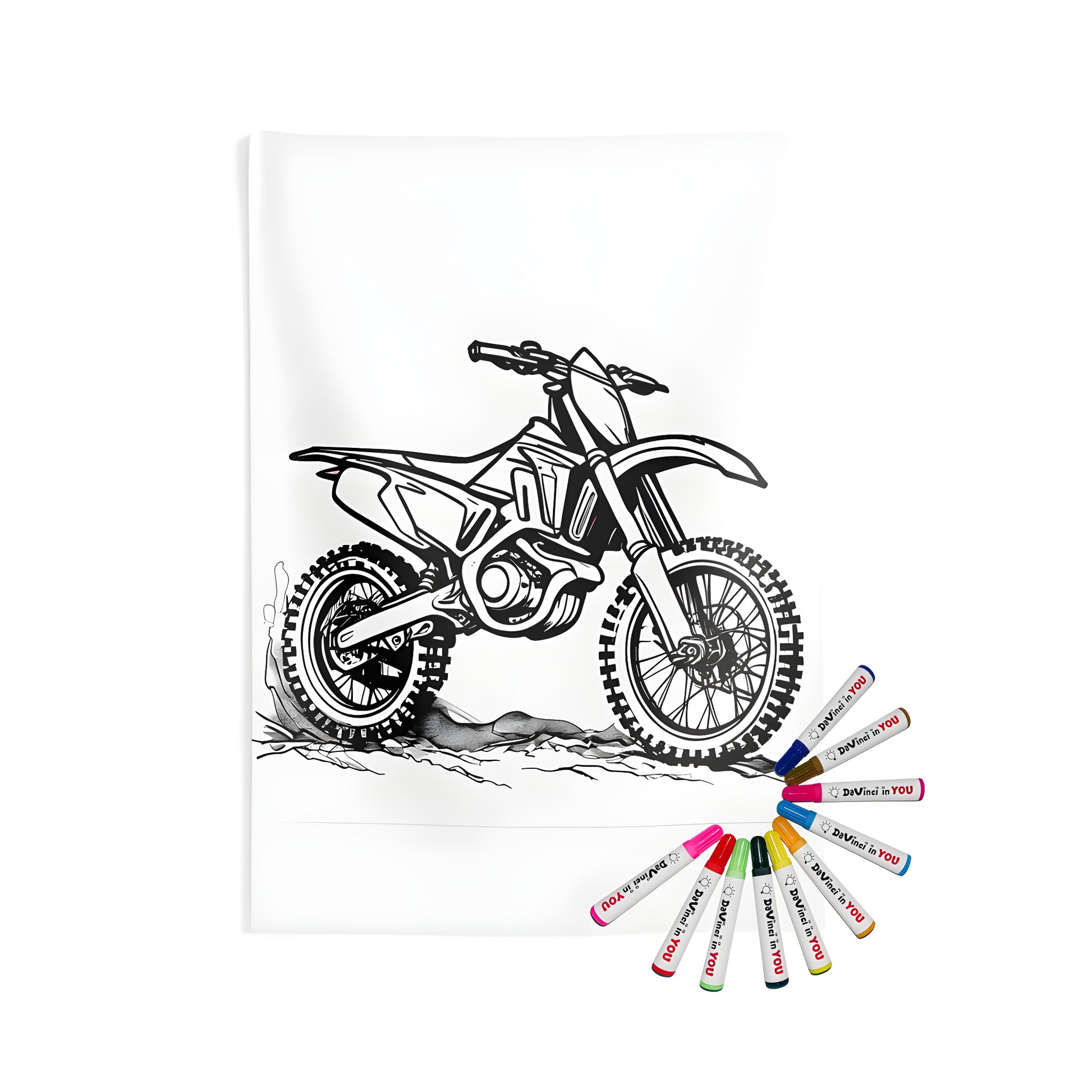 Indoor wall tapestry featuring a detailed dirt bike illustration with intricate wheel and frame design on rugged terrain