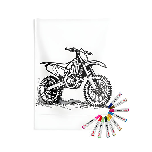 Indoor wall tapestry featuring a detailed dirt bike illustration with intricate wheel and frame design on rugged terrain