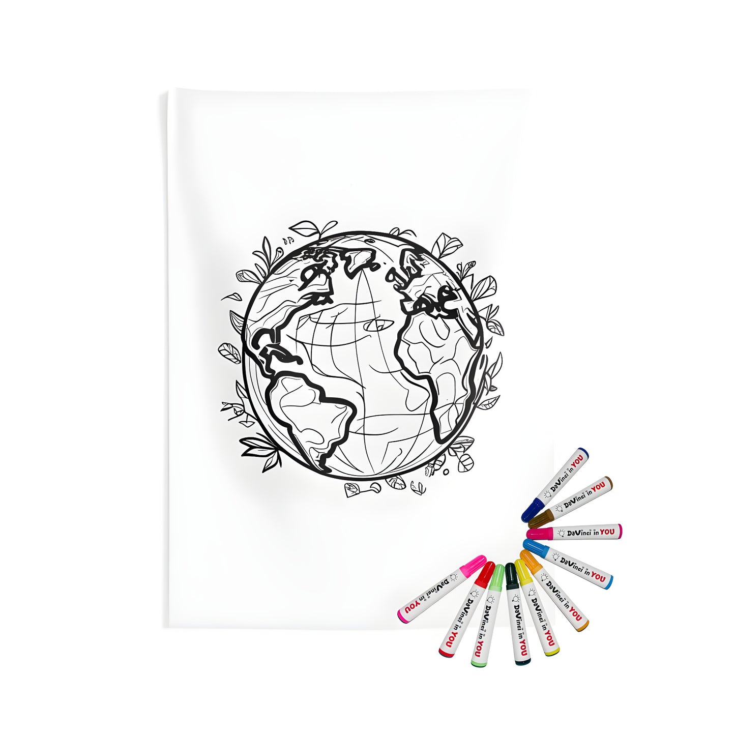 Earth wall tapestry, indoor planet decor, black and white line drawing, continents and leaves design