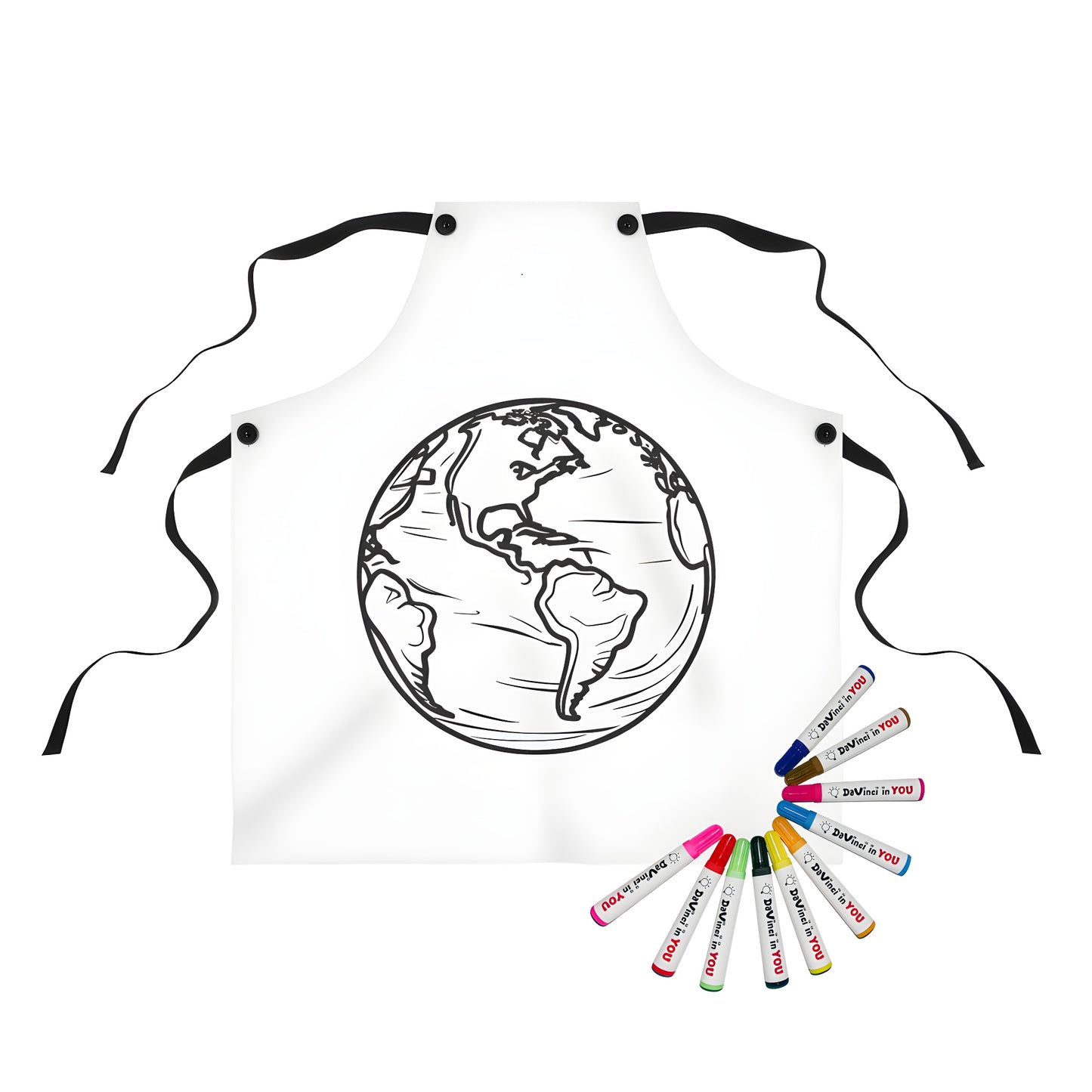 Coloring apron with planetary design, perfect for coloring enthusiasts and nature lovers, featuring a simple line drawing of the globe highlighting continents and oceans.