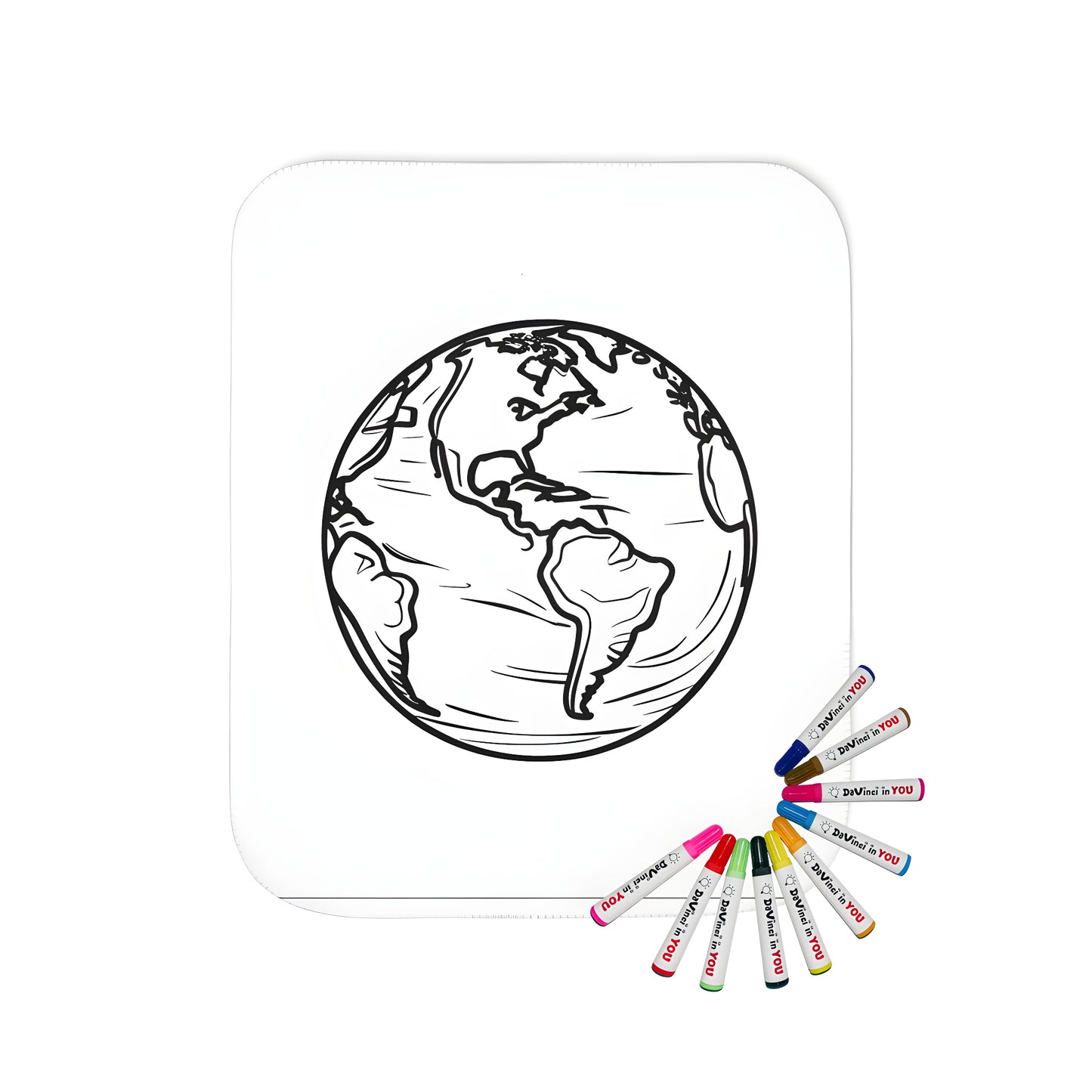 Colorful blanket with a detailed map of our world, featuring continents and oceans