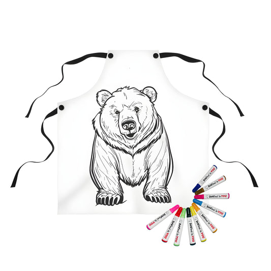 Grizzly bear apron with detailed line drawing design and colorful fabric markers