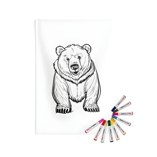 Coloring kit featuring an indoor wall tapestry with a detailed line drawing of a grizzly bear, suitable for adults and kids