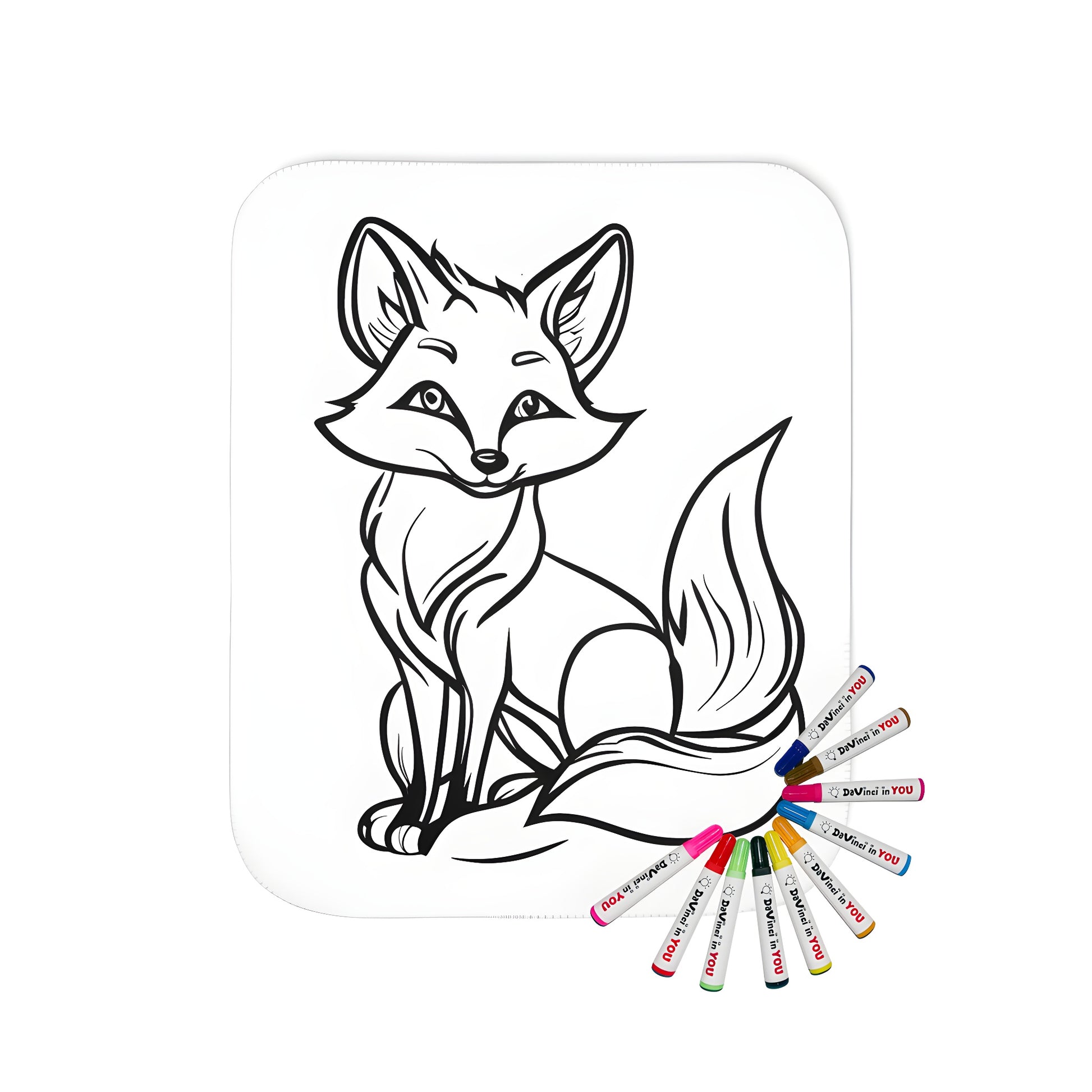 Coloring blanket with charming fox design, featuring cute animals, woodland scene, and whimsical illustrations