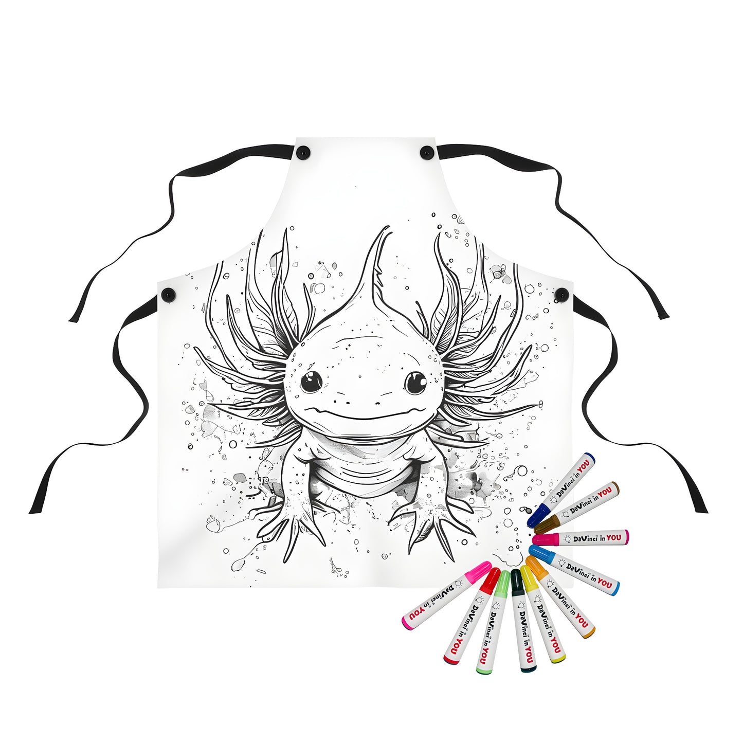 Coloring kit apron featuring a detailed black axolotls drawing for kids to color and learn about Mexican salamanders
