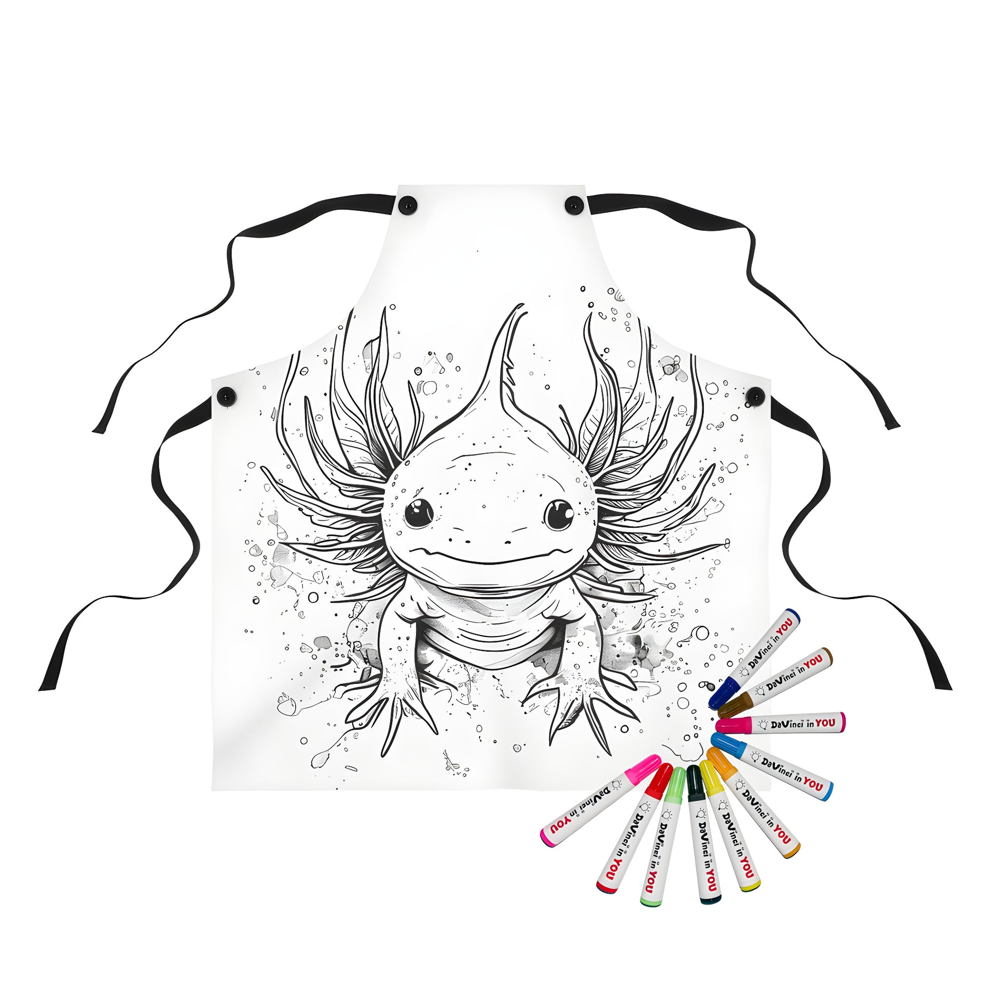 Coloring kit apron featuring a detailed black axolotls drawing for kids to color and learn about Mexican salamanders