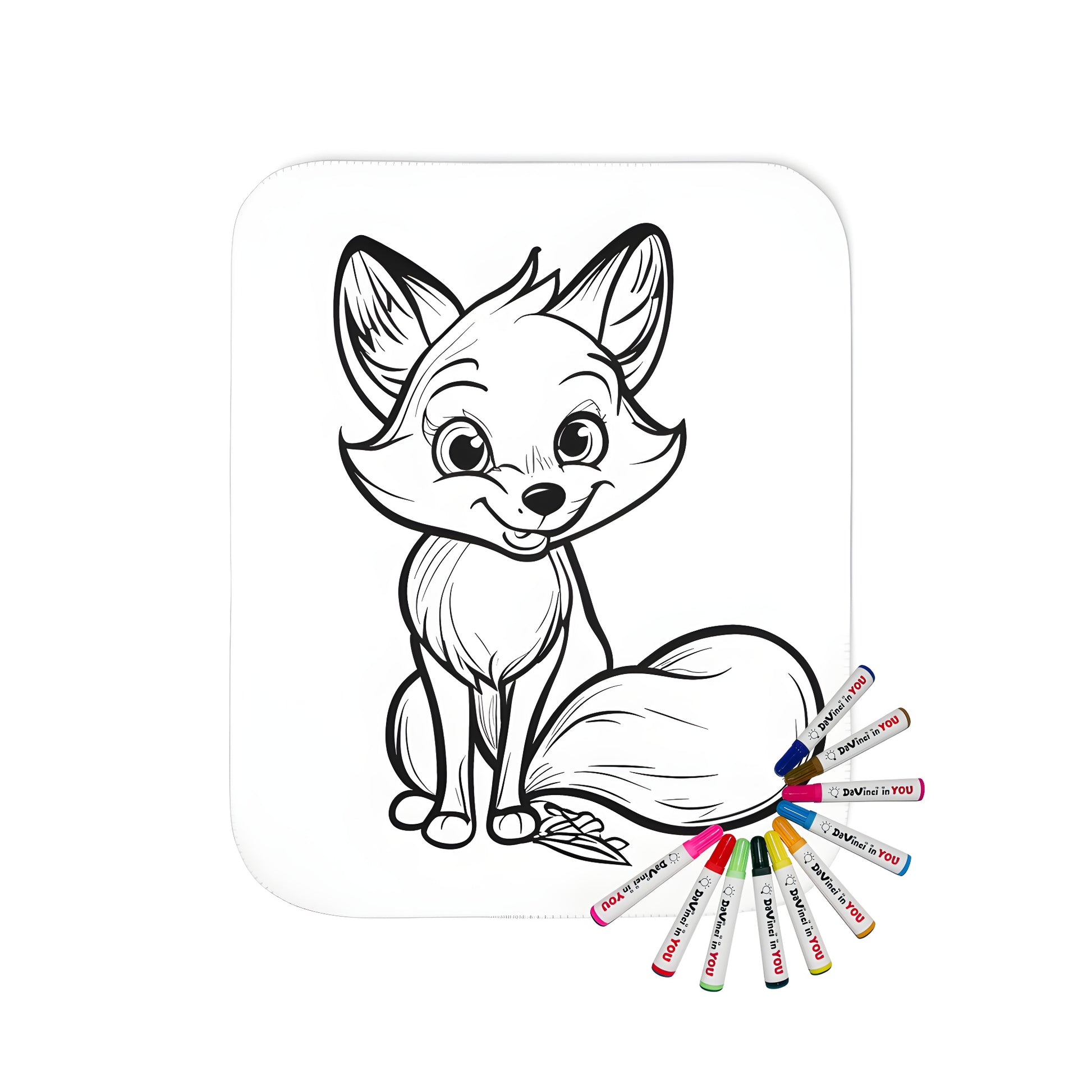 Blanket with adorable cartoon fox design featuring large eyes, bushy tail and friendly expression