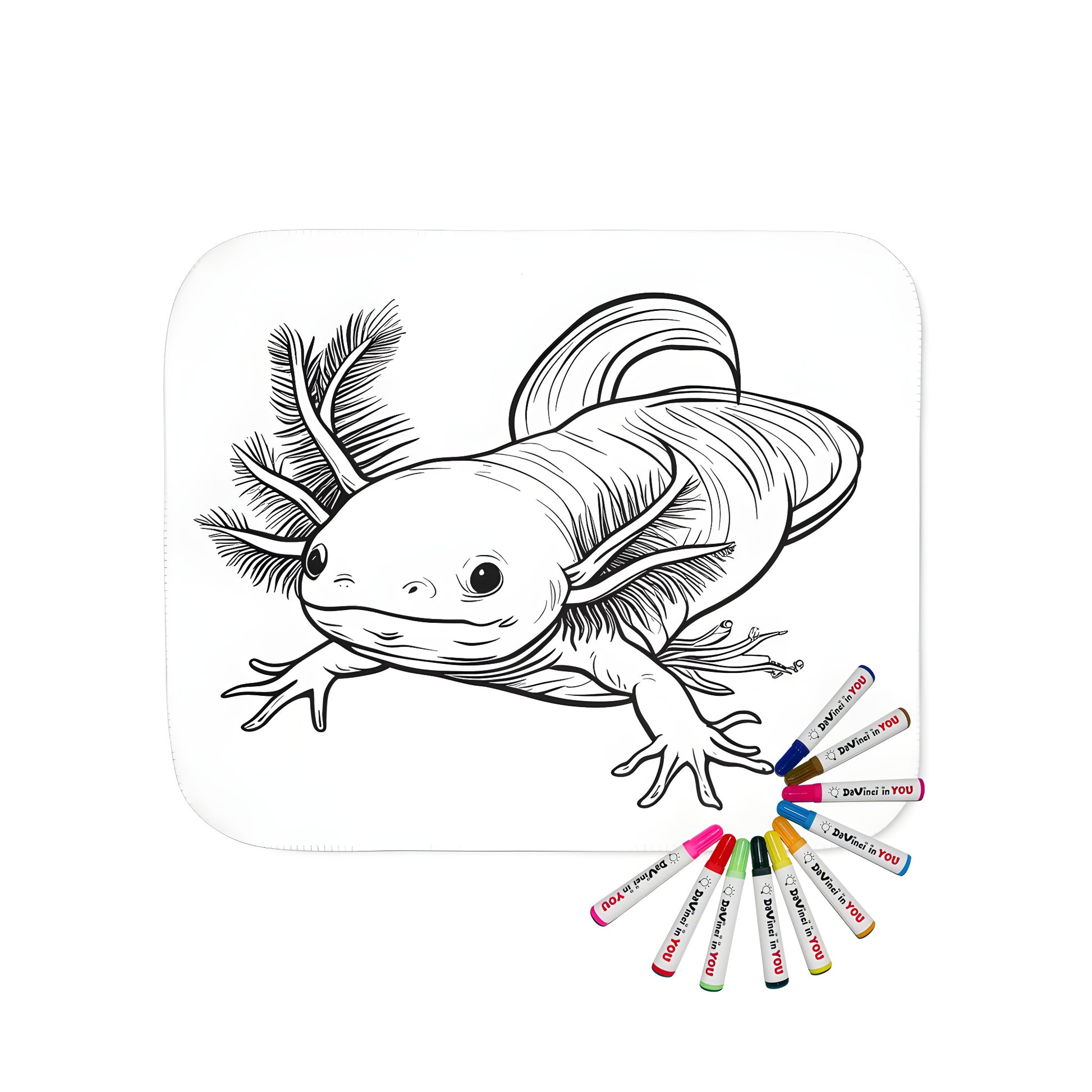 Cozy blanket featuring a whimsical axolotl illustration with black-and-white coloring design