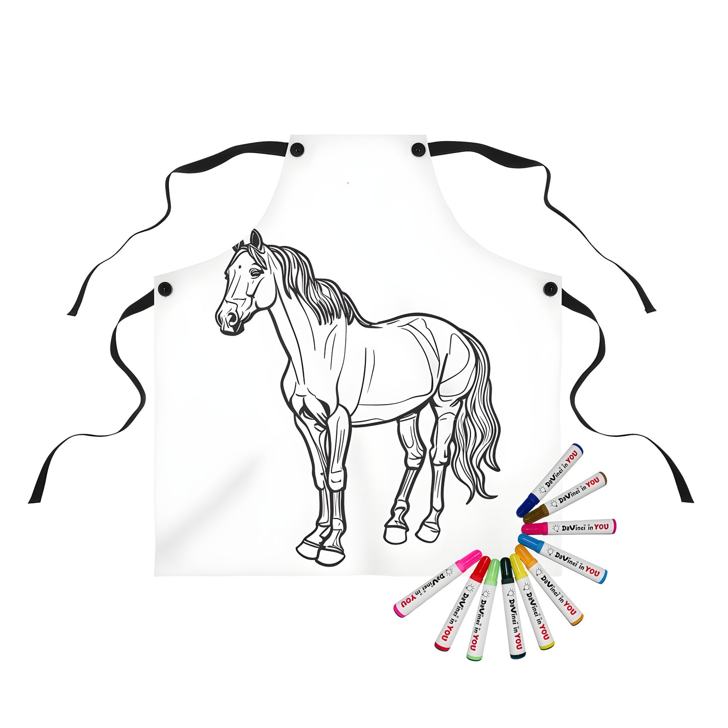 Apron with colorful horse design, featuring a majestic black stallion with flowing mane and tail