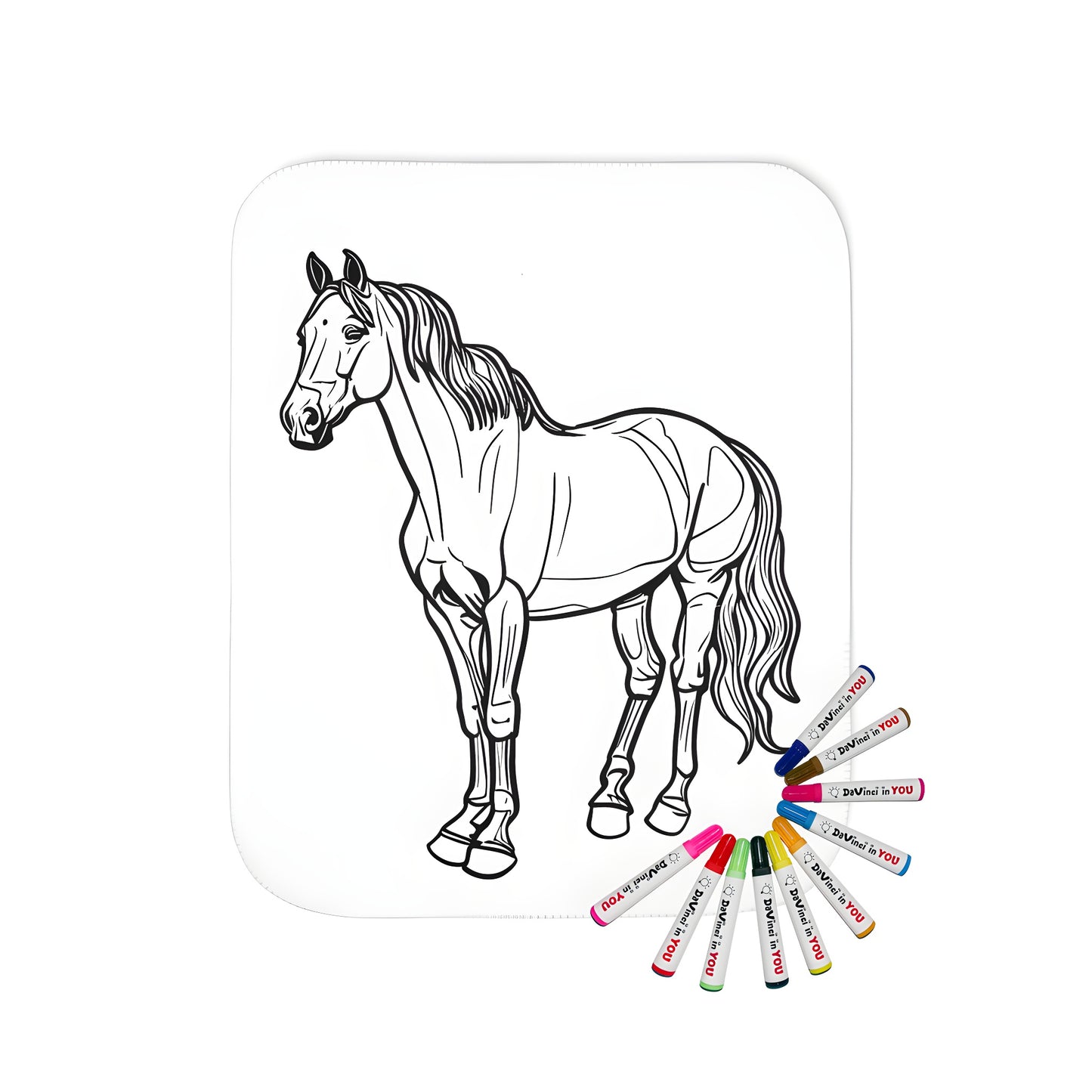 Coloring blanket featuring a majestic standing horse design with intricate details