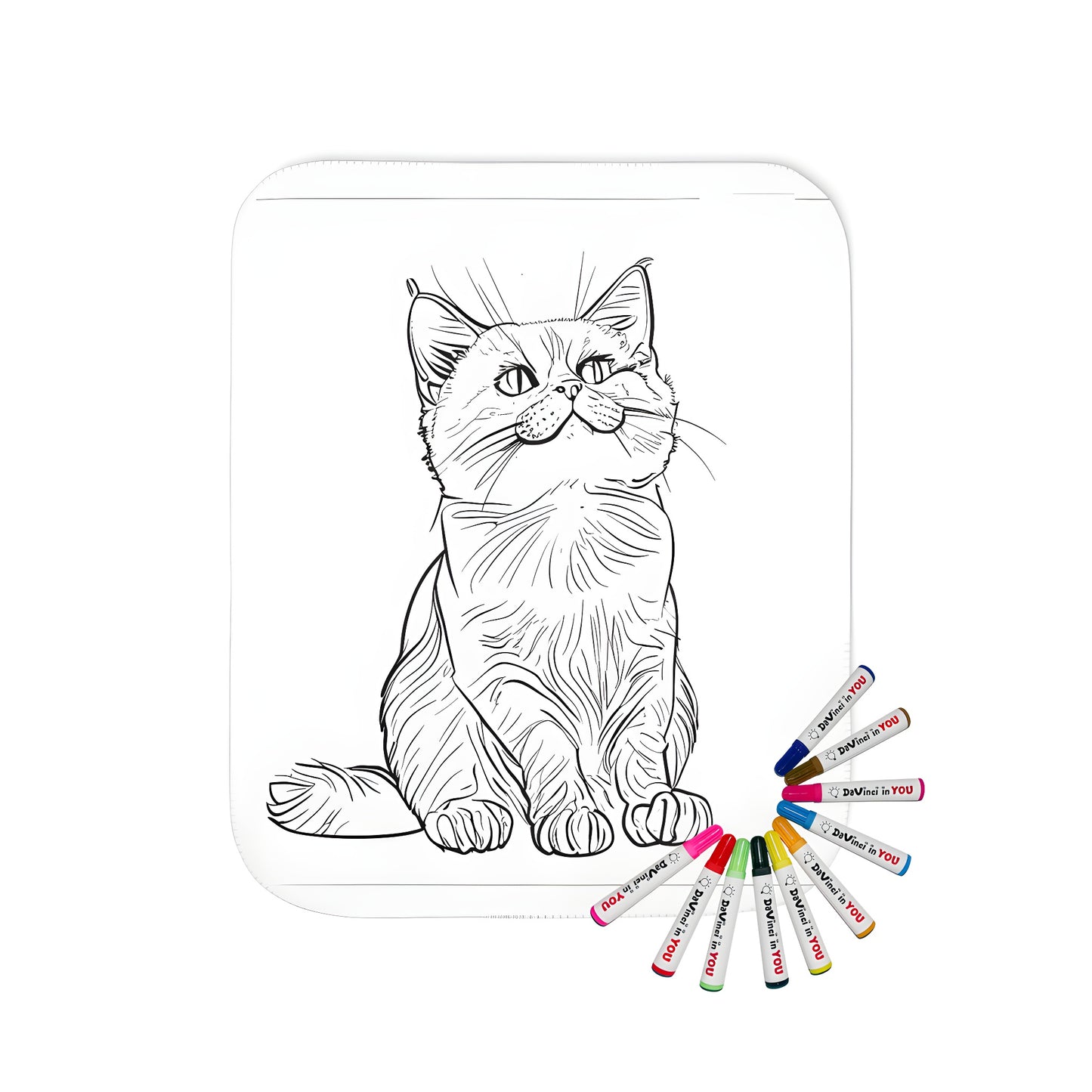 Blanket with cute cartoon kitty illustration, detailed line art cat on a cozy blanket, perfect for adult coloring books and relaxation