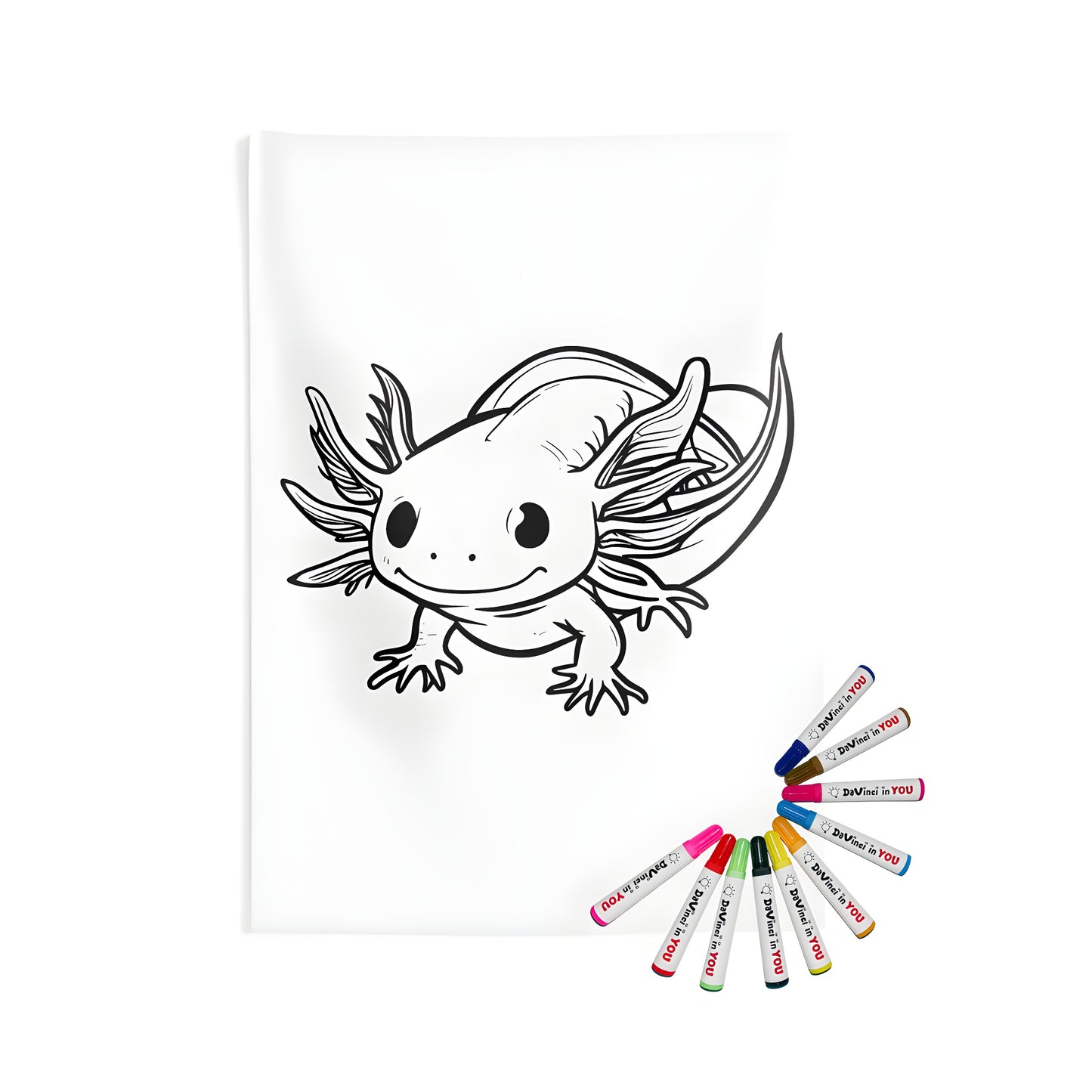 Cute axolotl wall tapestry design, line drawing, coloring page, fabric art for home decor