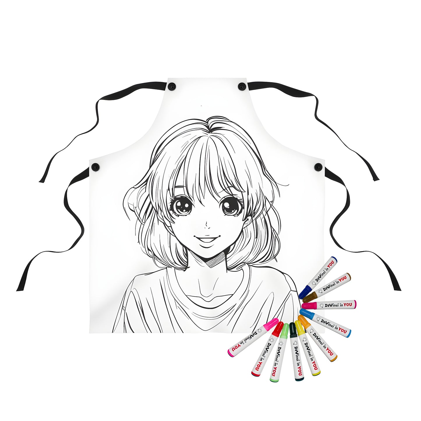 Apron with anime style cartoon girl illustration, young woman portrait