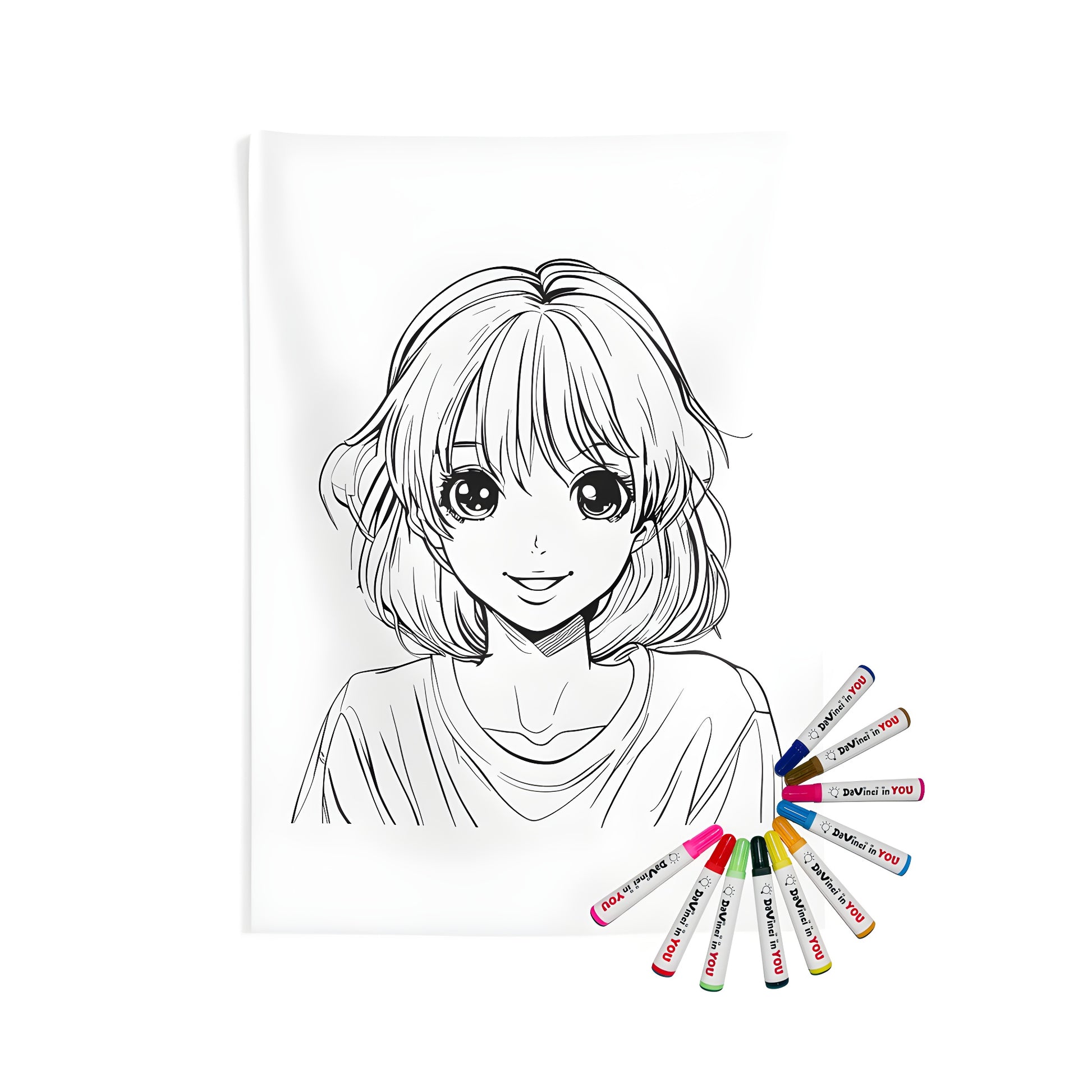 Manga-inspired wall tapestry art featuring a young anime-style girl character