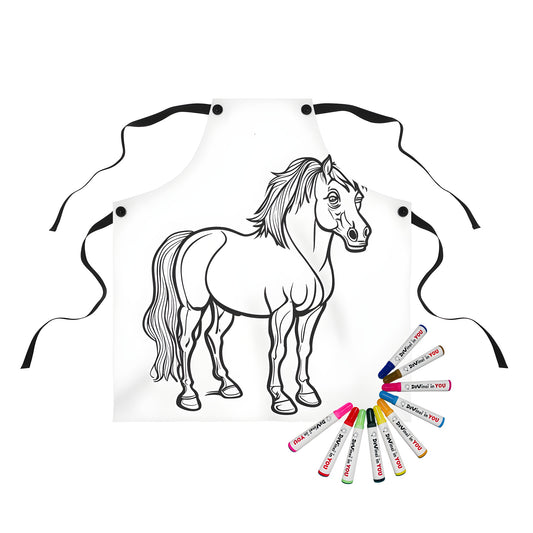 Apron with black and white line drawing of horse design for adult coloring