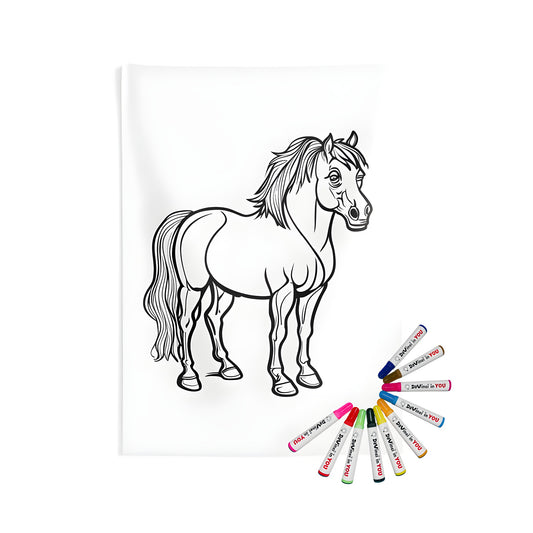 Indoor wall tapestries horse design, standing equine print, adult coloring page inspired
