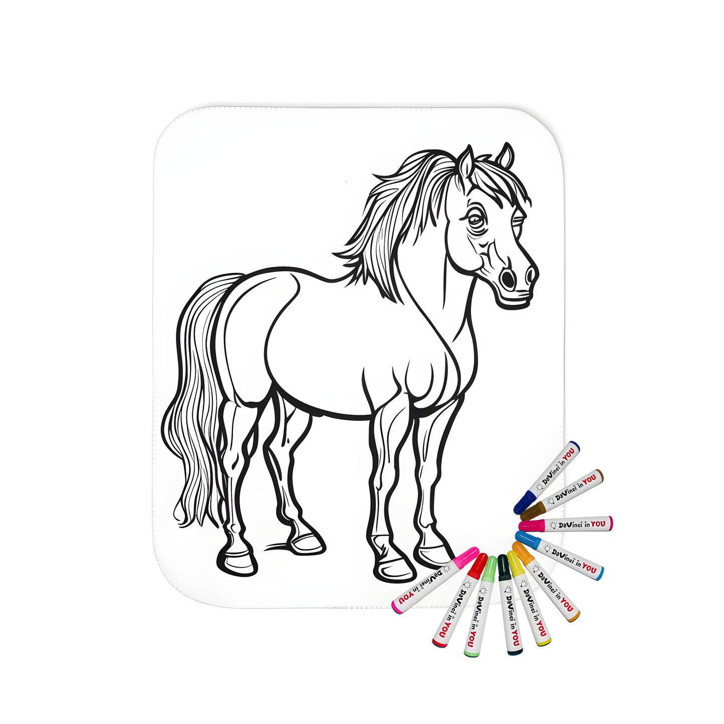 Blanket with a beautiful standing horse design, featuring a detailed black and white line drawing of a majestic horse's mane and tail