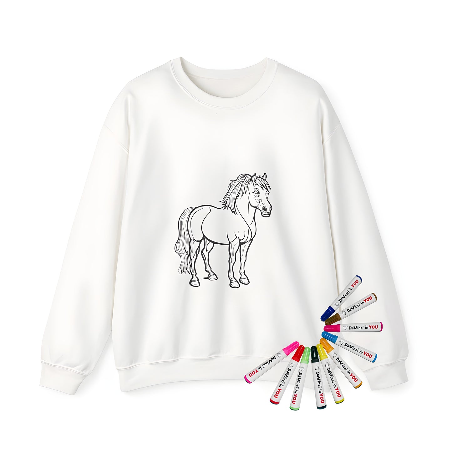 Adult sweatshirt with standing horse design, featuring a black and white line drawing of a majestic equine figure, perfect for adult coloring enthusiasts.