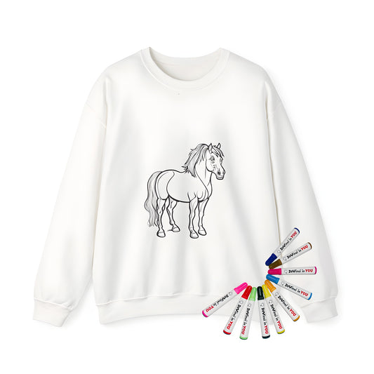 Adult sweatshirt with standing horse design, featuring a black and white line drawing of a majestic equine figure, perfect for adult coloring enthusiasts.