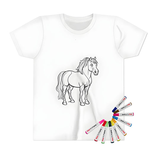 Kid's t-shirt with colorful standing horse design, featuring a detailed mane and tail