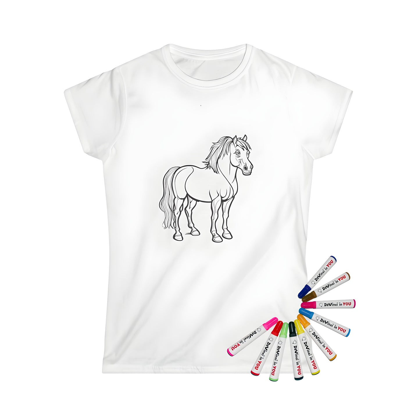 Coloring page design of a horse on a women's t-shirt with fabric markers, featuring a detailed mane and tail