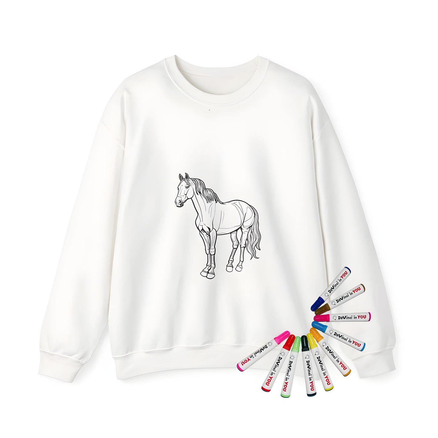 Adult coloring sweatshirt with standing horse design and fabric markers for adults