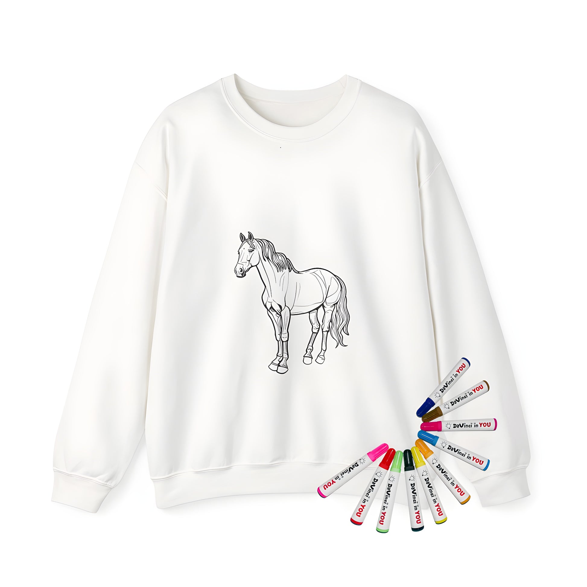 Adult coloring sweatshirt with standing horse design and fabric markers for adults