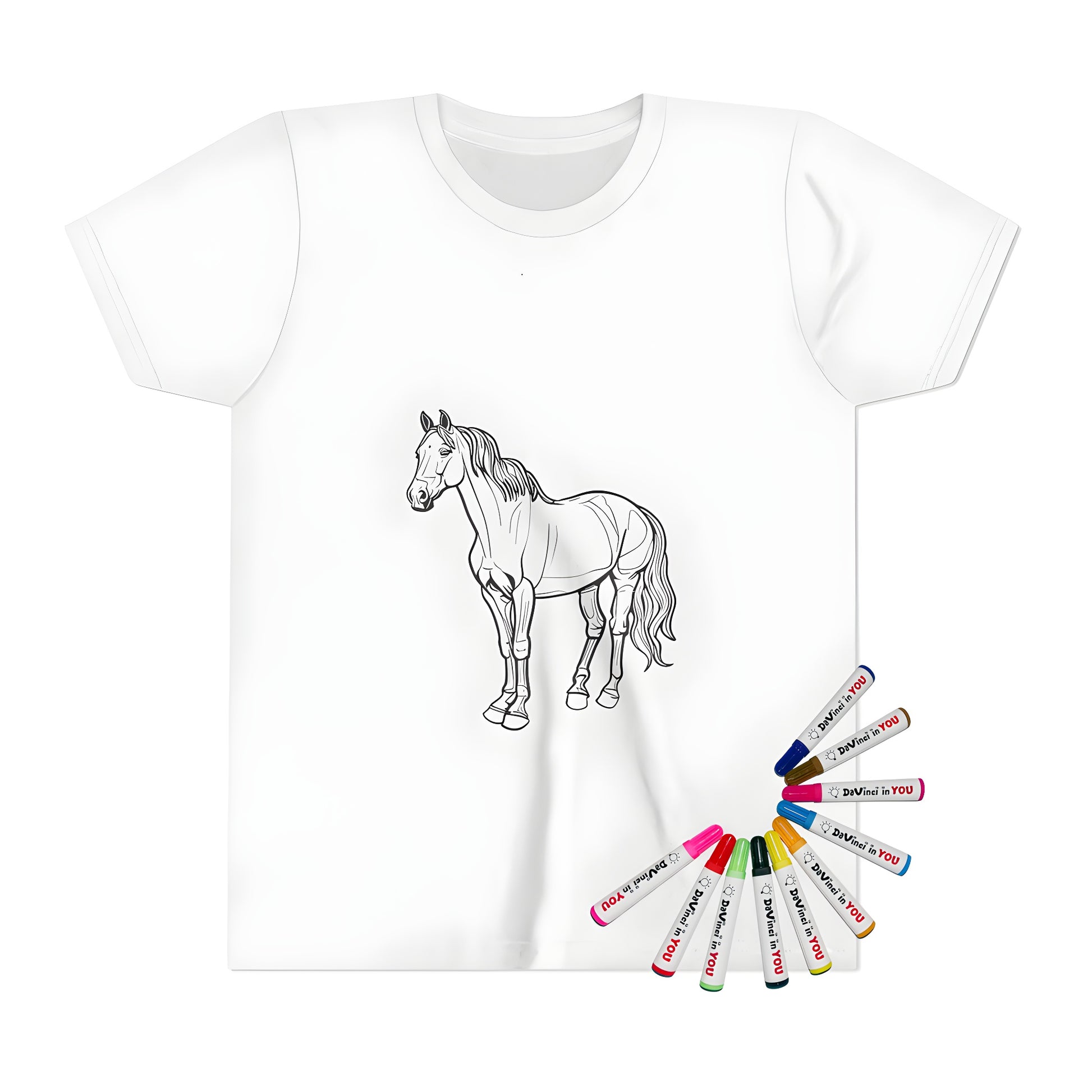 Coloring kit for kids featuring a black horse silhouette on a t-shirt