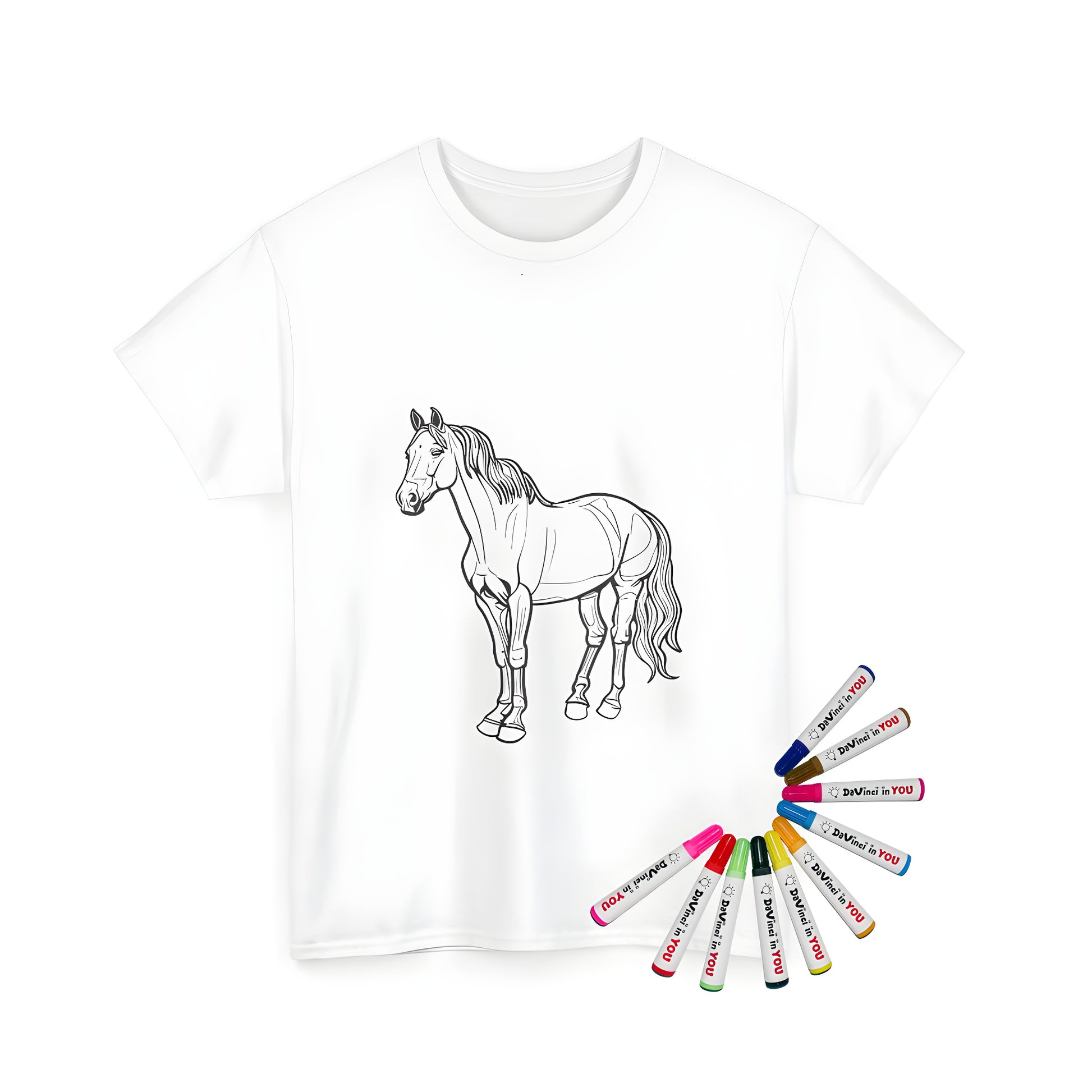 Unisex t-shirt with a calm black horse design on a line drawing of a horse standing calmly