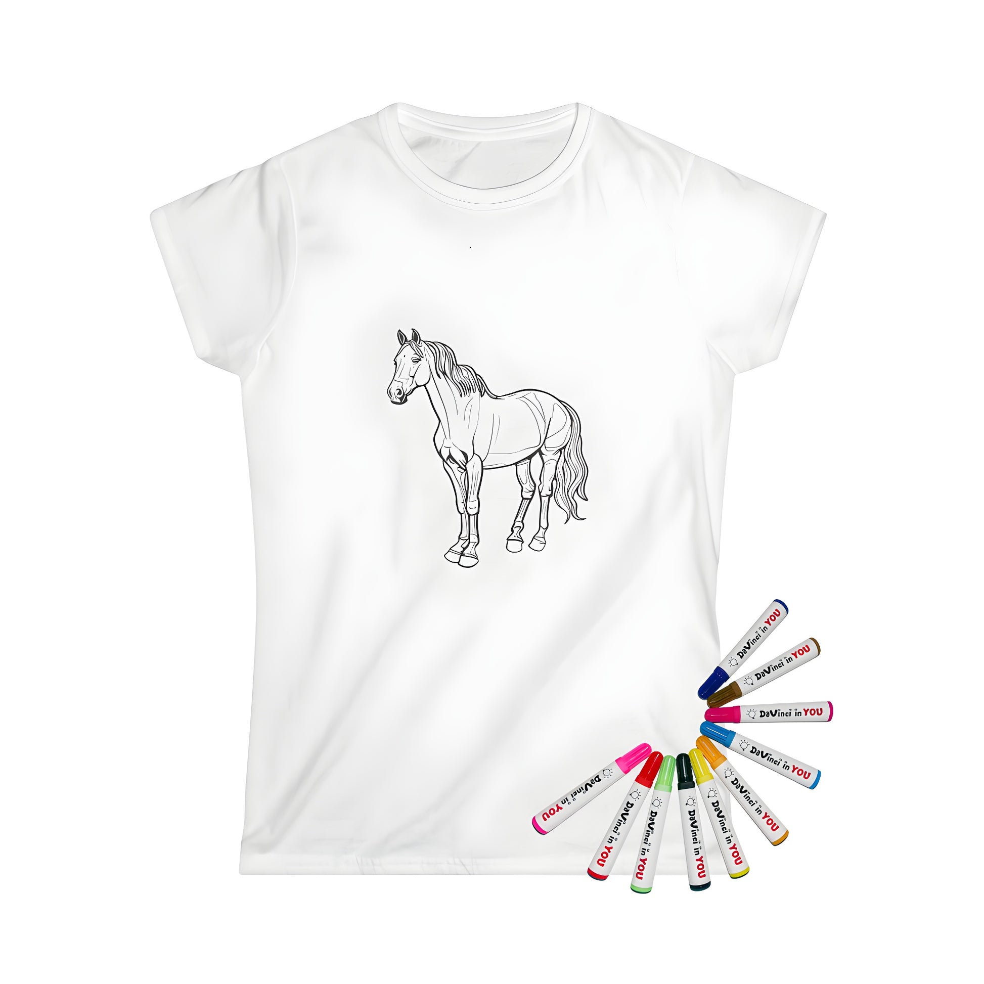Women's t-shirt with colorful horse design, featuring a majestic stallion and equine art