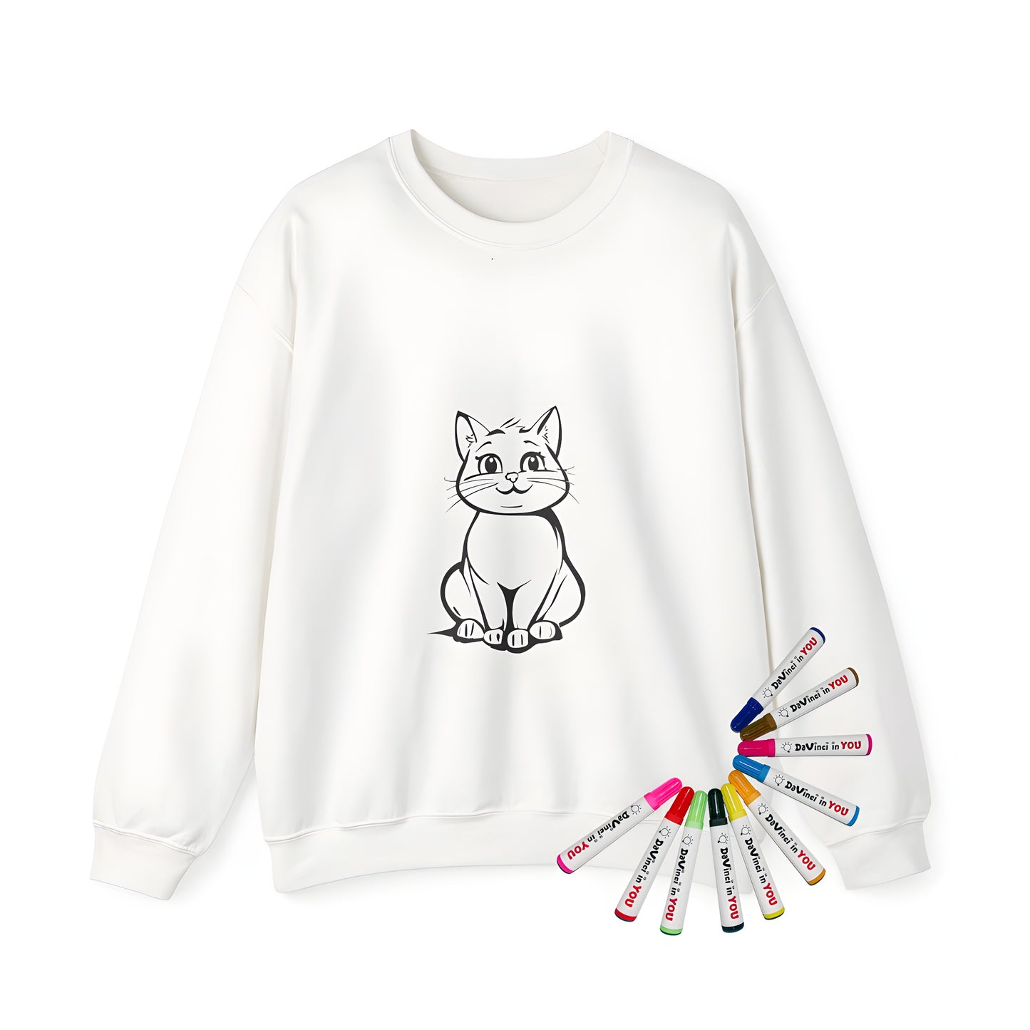 Adult sweatshirt with adorable kitten and cat illustration for kids' coloring fun. Feline design on casual wear.
