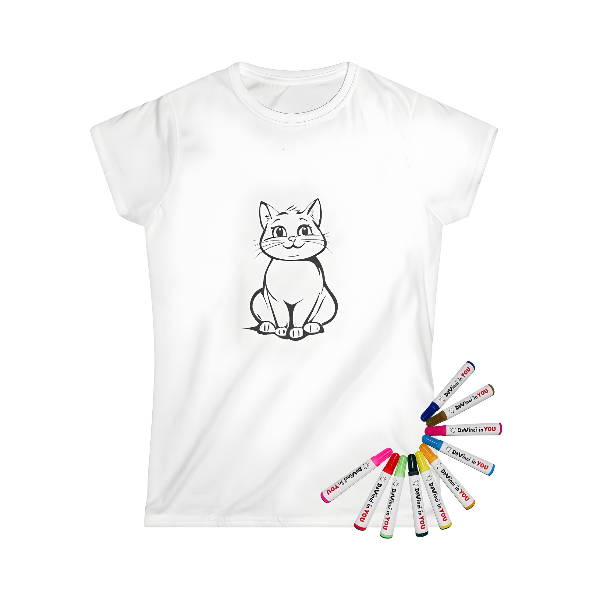 Women's t-shirt with adorable feline illustration from coloring page, great for kids' activities