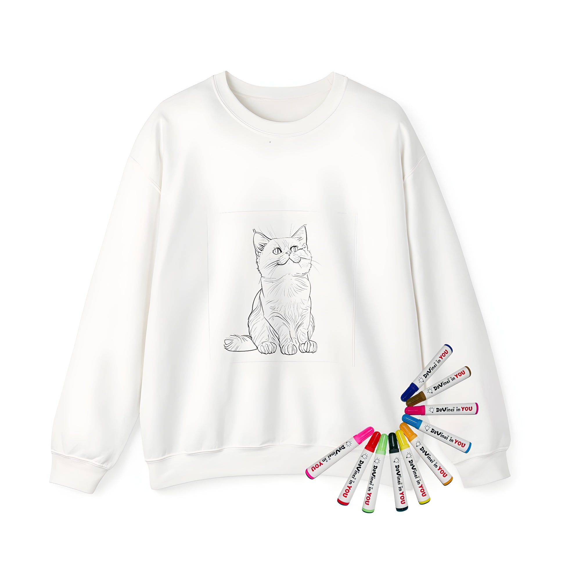 Adult sweatshirt with cartoon cat design, colorful illustration of feline sitting calmly