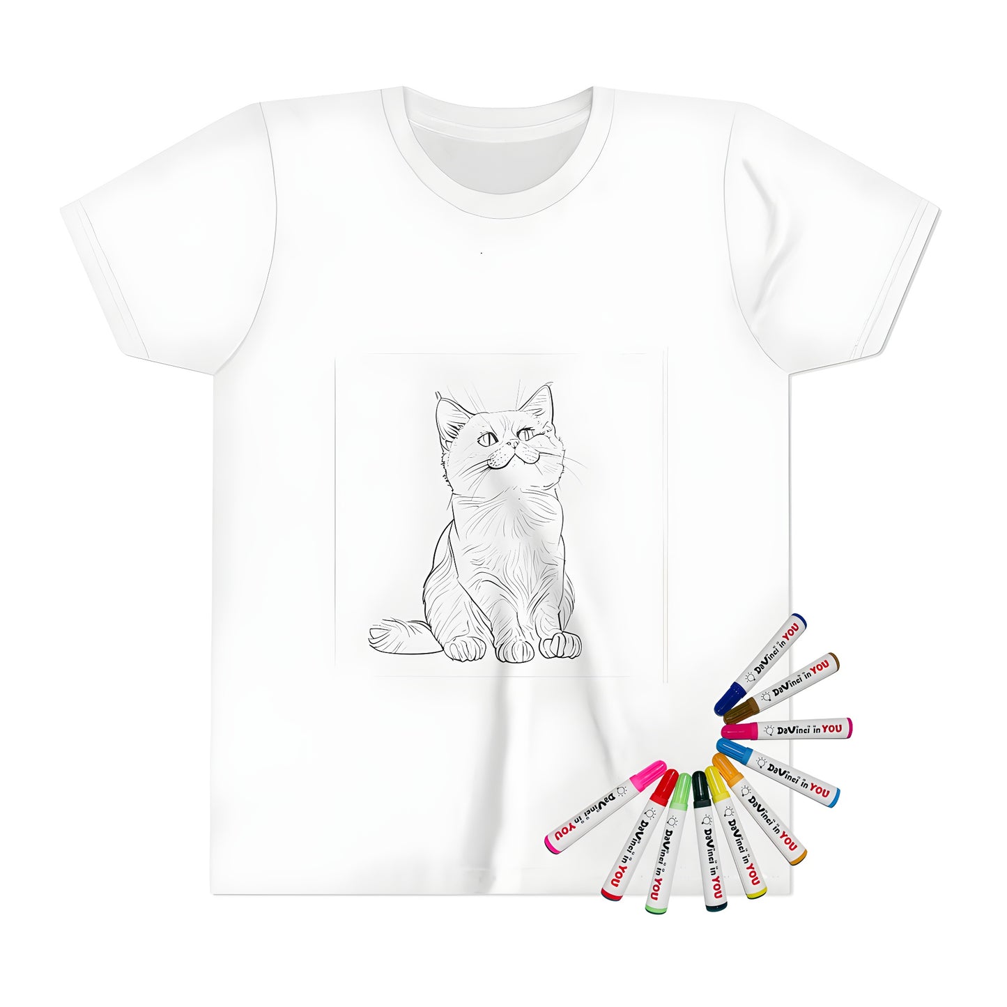 Coloring page illustration of a sitting cat on kid's t-shirt
