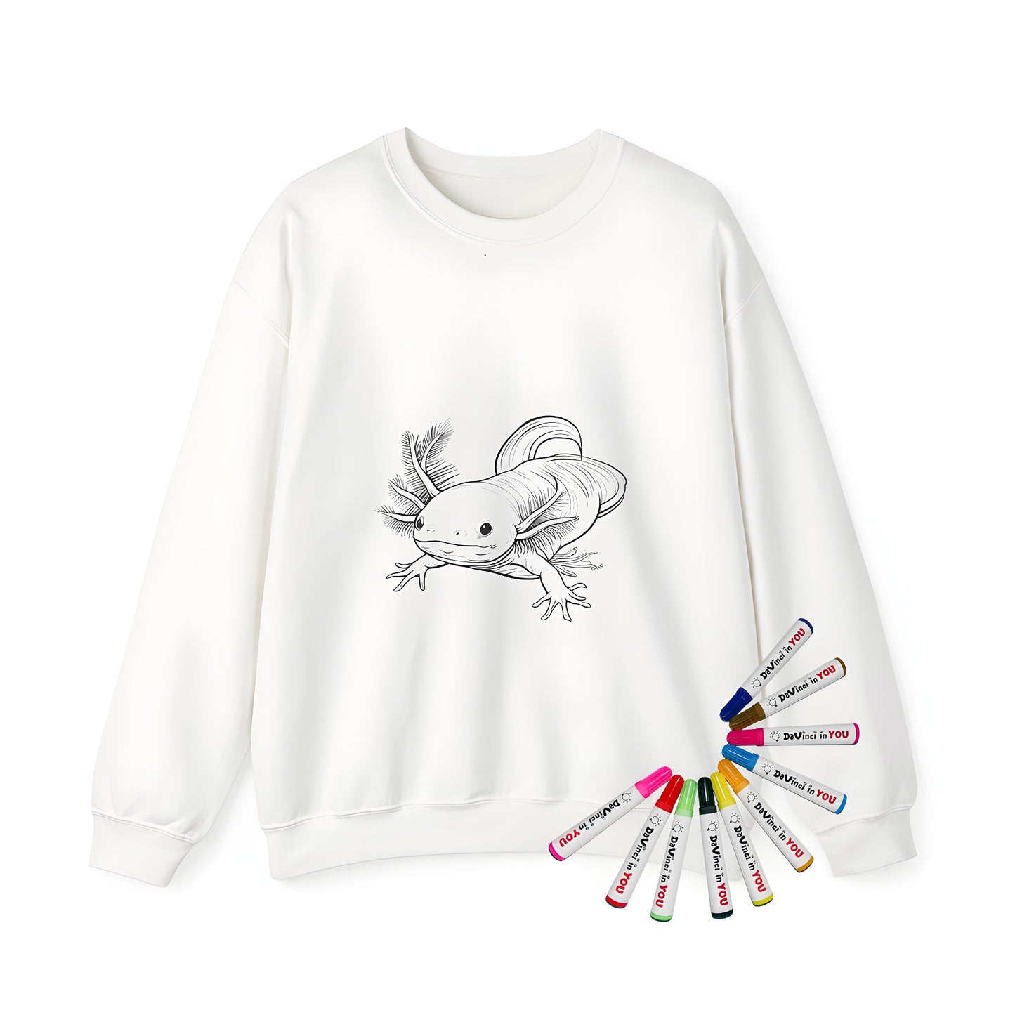 Adult sweatshirt featuring a fun and colorful axolotl design, perfect for fans of Mexican folklore. Illustration of a smiling axolotl with prominent gills and limbs, created in a simplistic black-and-white style ideal for coloring.