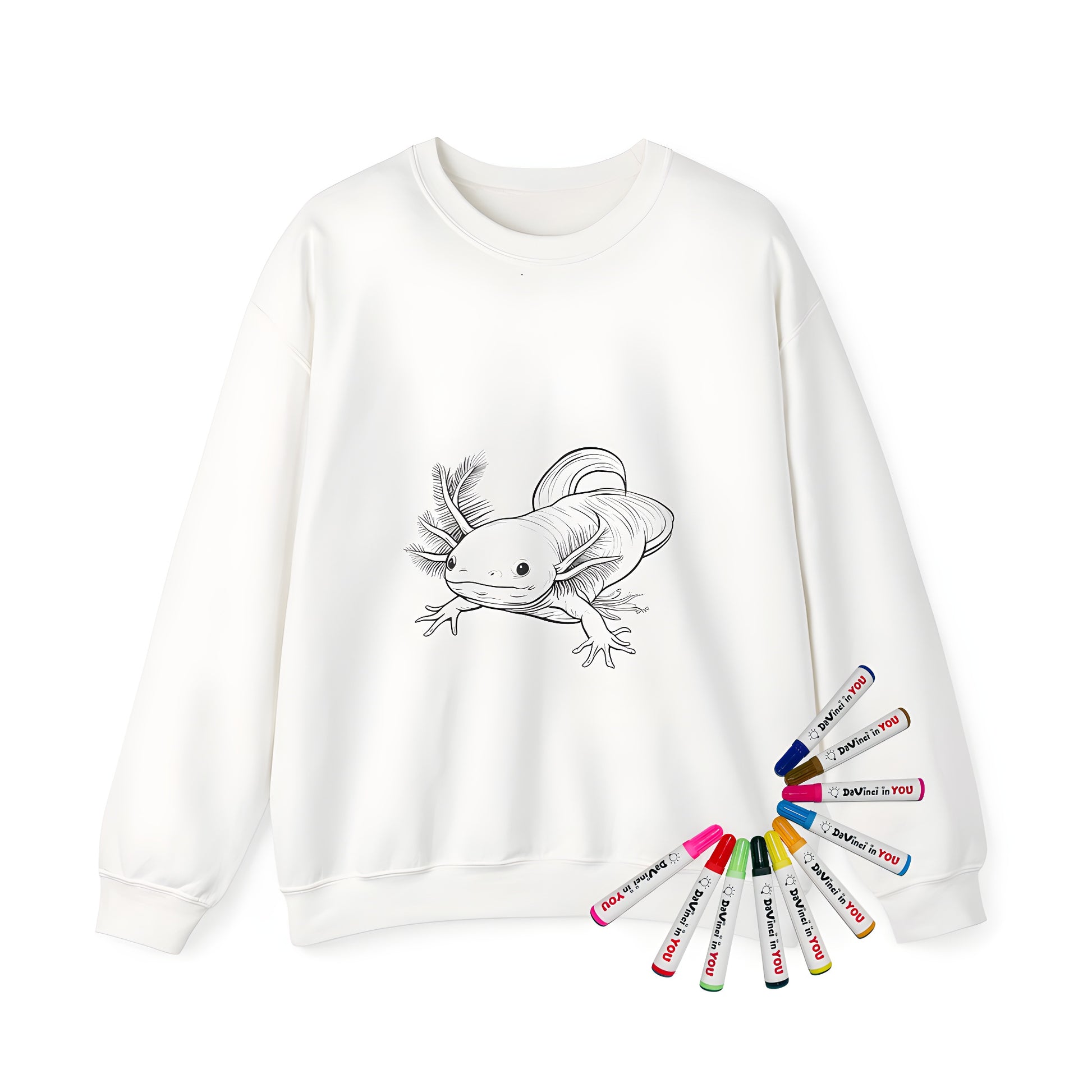 Adult sweatshirt featuring a fun and colorful axolotl design, perfect for fans of Mexican folklore. Illustration of a smiling axolotl with prominent gills and limbs, created in a simplistic black-and-white style ideal for coloring.