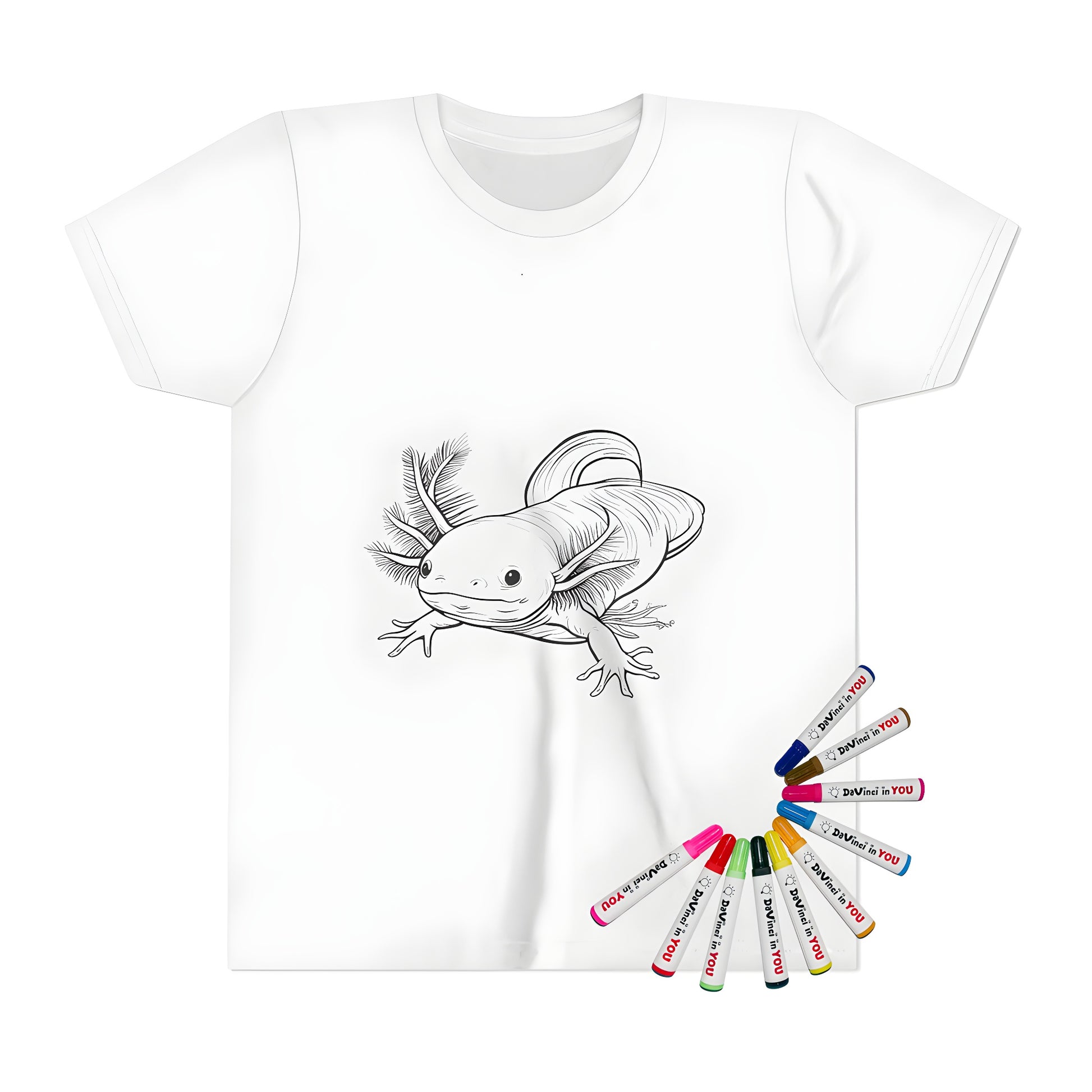 Coloring kit for kids featuring an axolotl, Mexican salamander, or walking fish design on a t-shirt